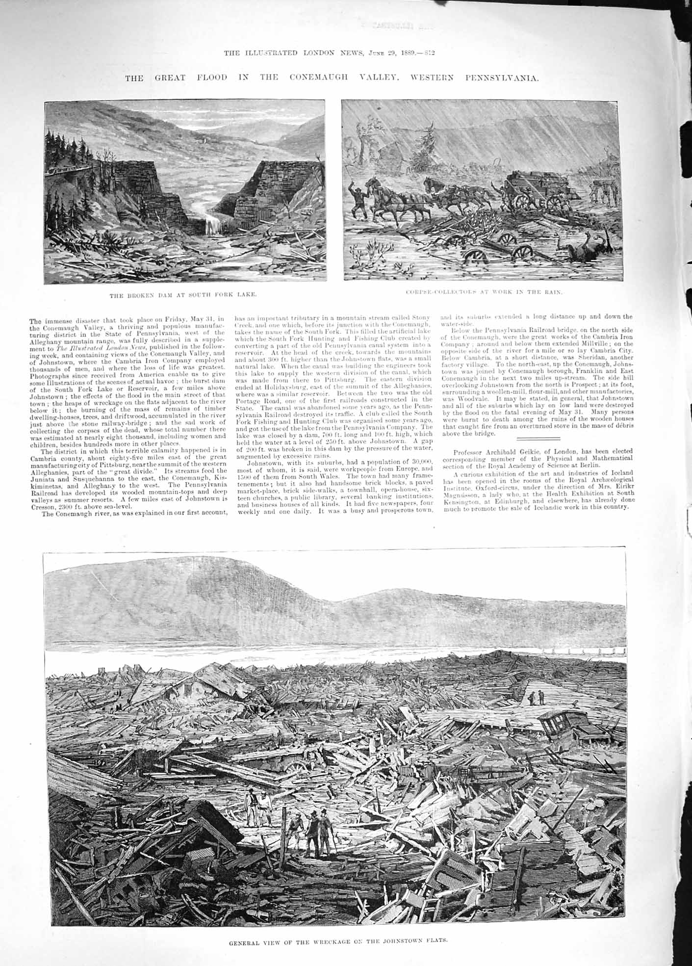 Original Old Antique Print 1889 Flood Conemaugh Valley Pennsylvania Johnstown