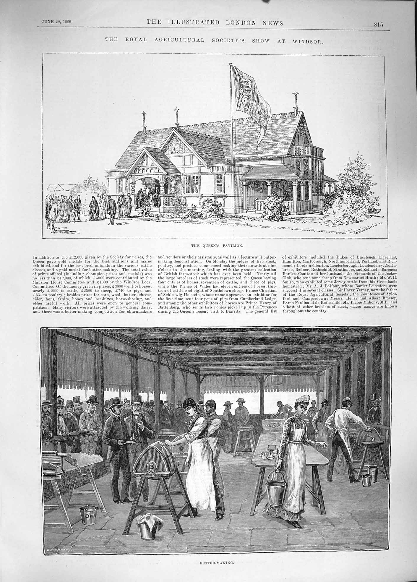 Original Old Antique Print 1889 Queen Pavilion Agricultural Show Windsor Butter