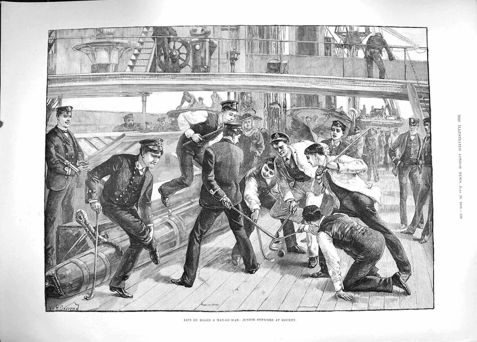 Old Antique Print 1889 Life Board Man-Of-War Ship Junior Officers Hockey 19th