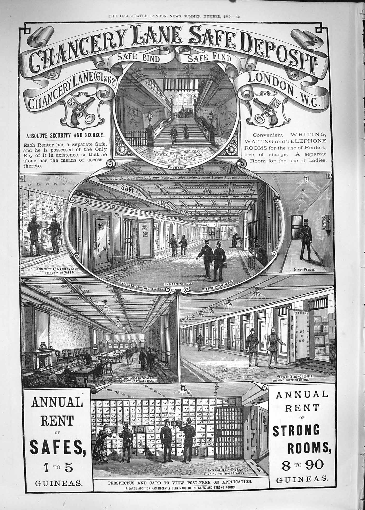 Old Antique Print 1889 Advertisement Chancery Safe Deposit Strong Rooms 19th