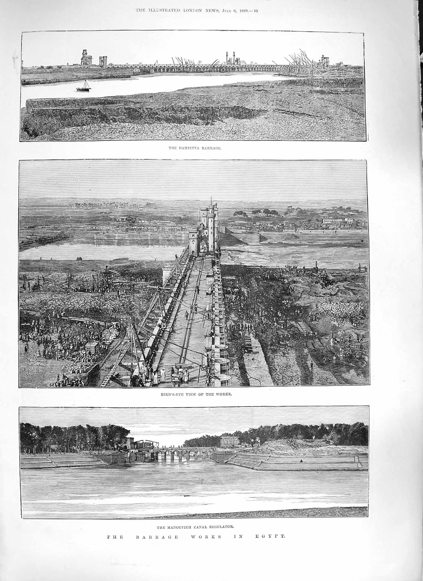 Old Antique Print 1889 Barrage Works Egypt Manoufieh Canal Prince Wales 19th