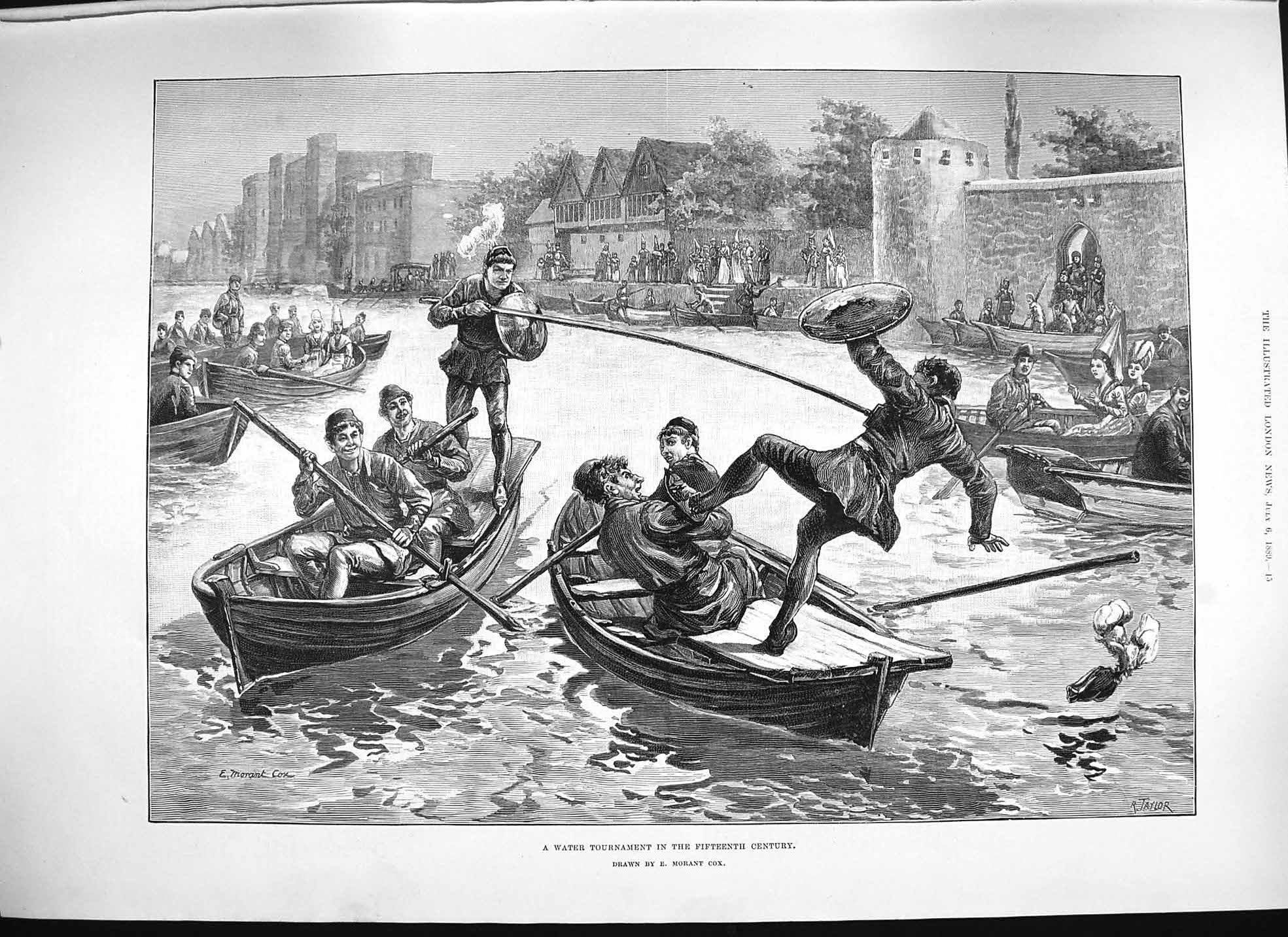 Old Antique Print 1889 Water Tournament Fifteenth Century Boat Jousting 19th