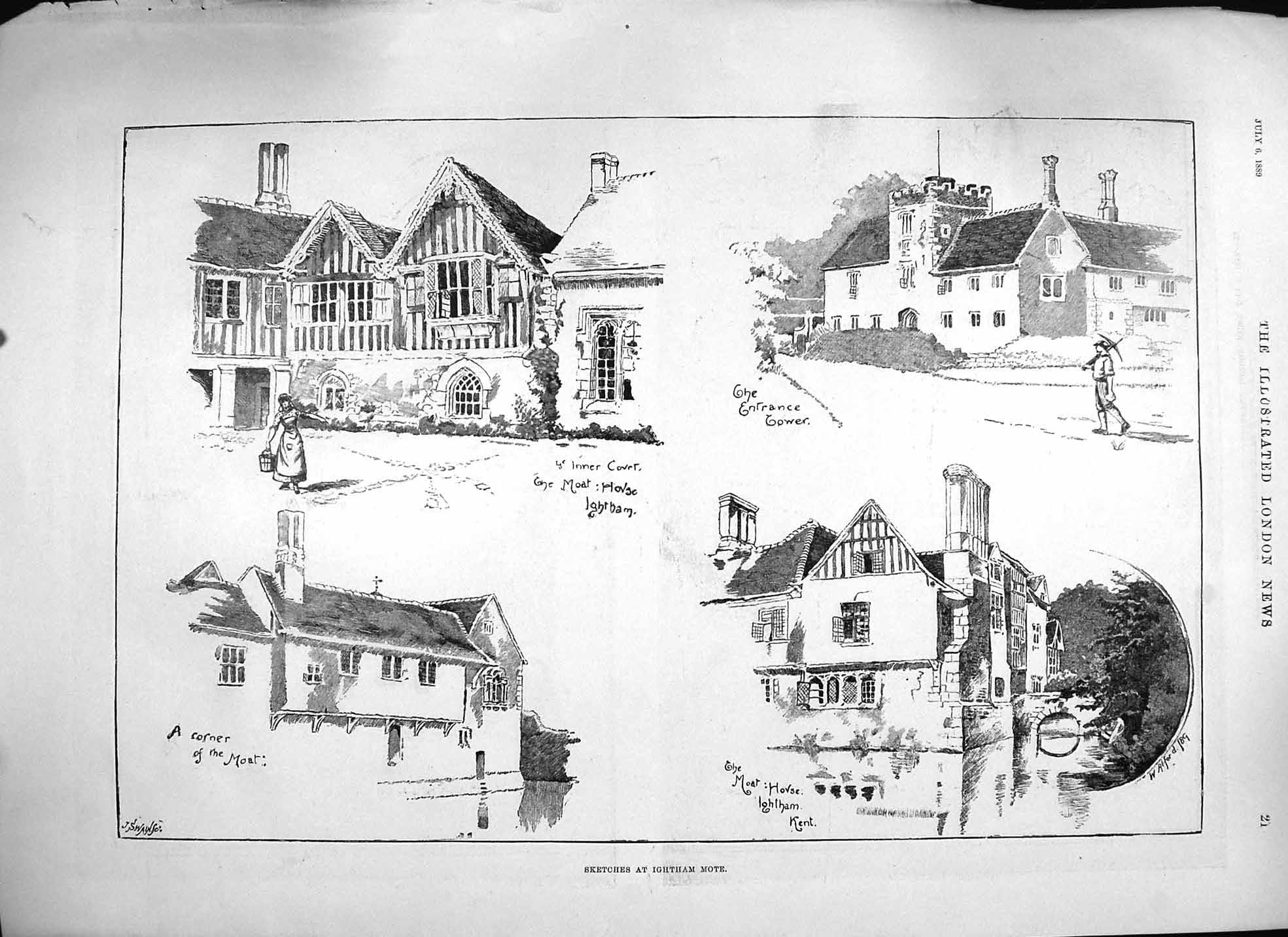 Original Old Antique Print 1889 Ightham Mote Tower Royal Park Tokio Japan Train