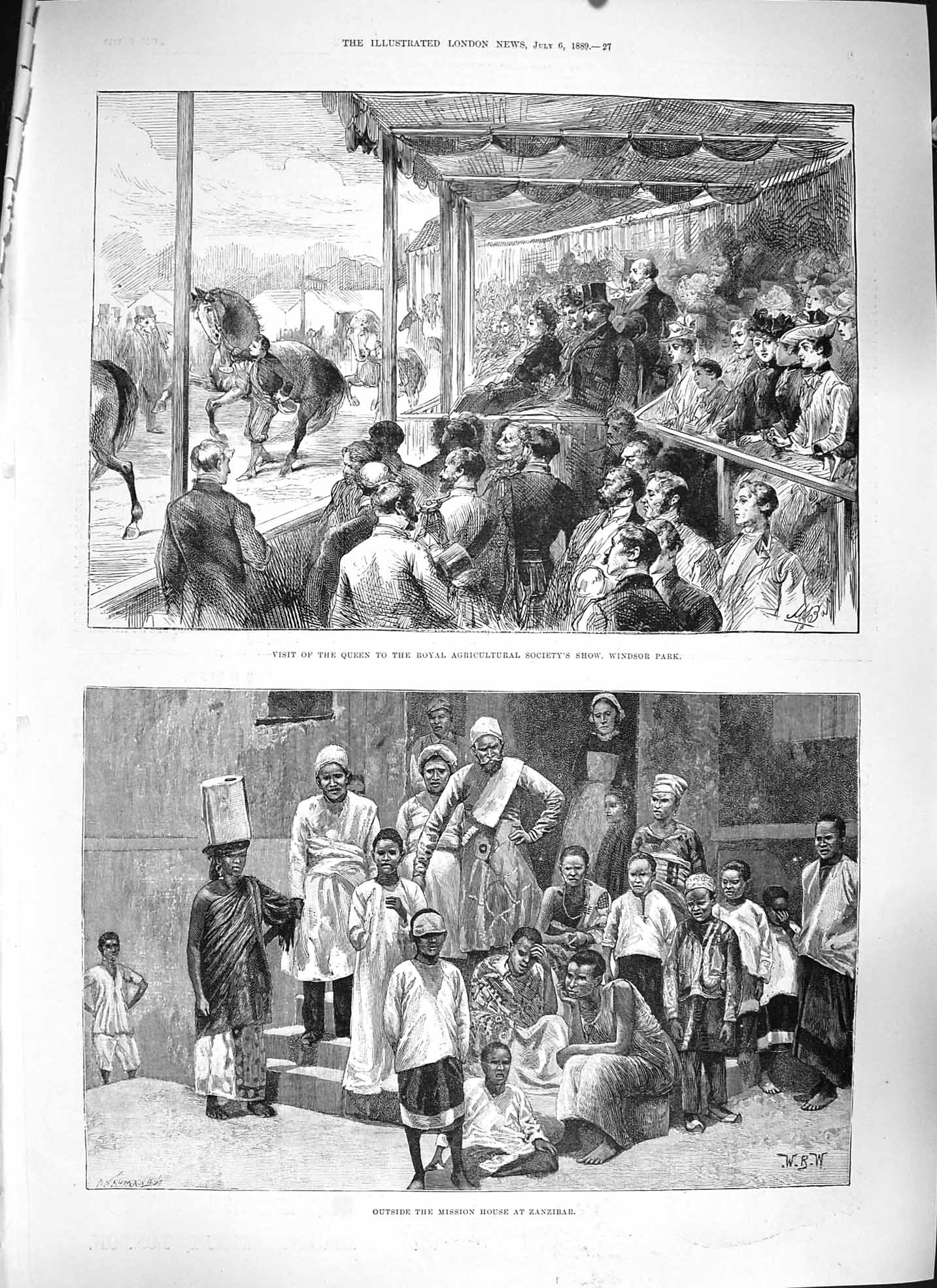 Original Old Antique Print 1889 Queen Show Windsor Park Mission House Zanzibar