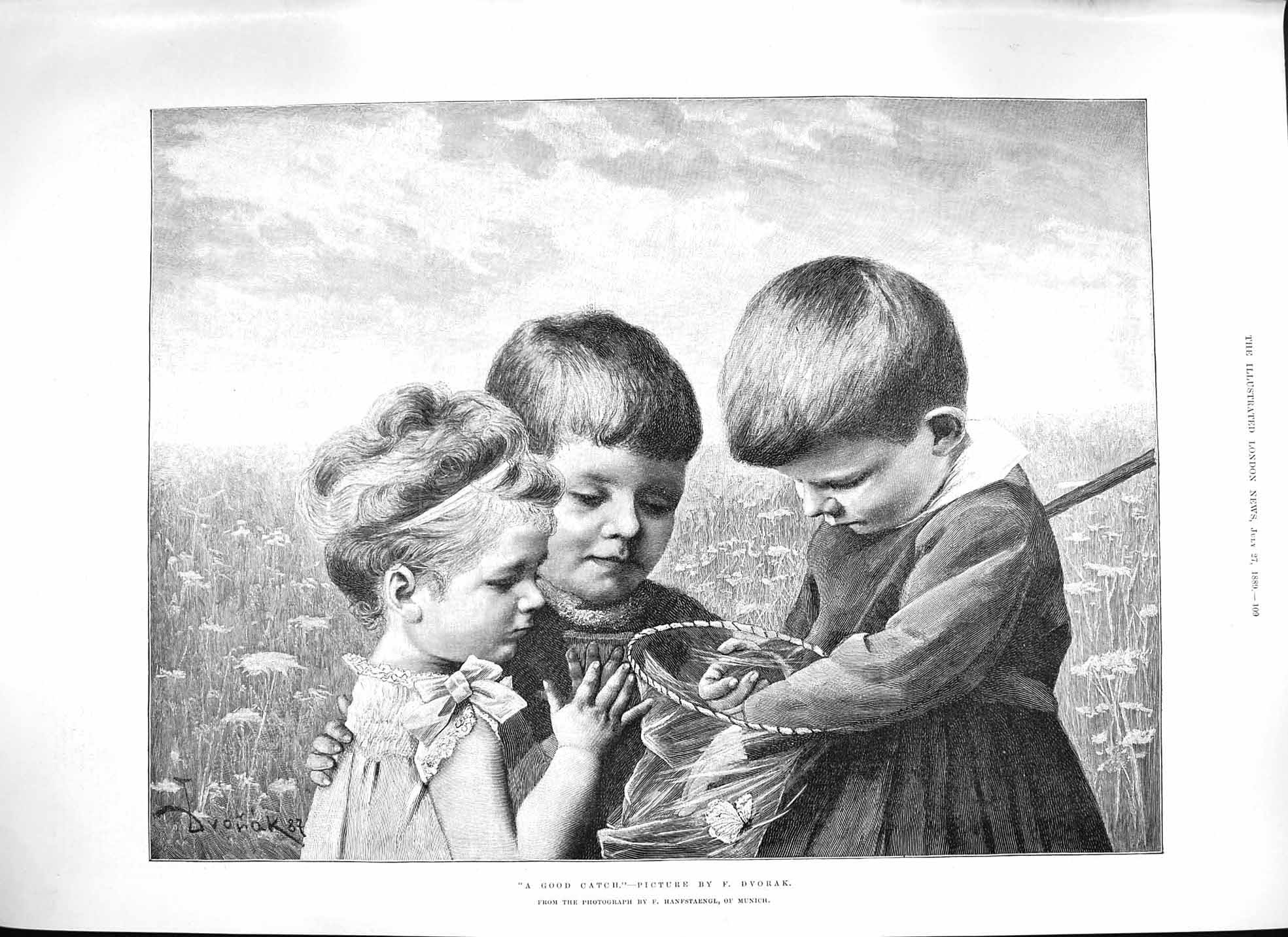 Original Old Antique Print Dvorak 1889 Good Catch Children Butterfly Net 19th