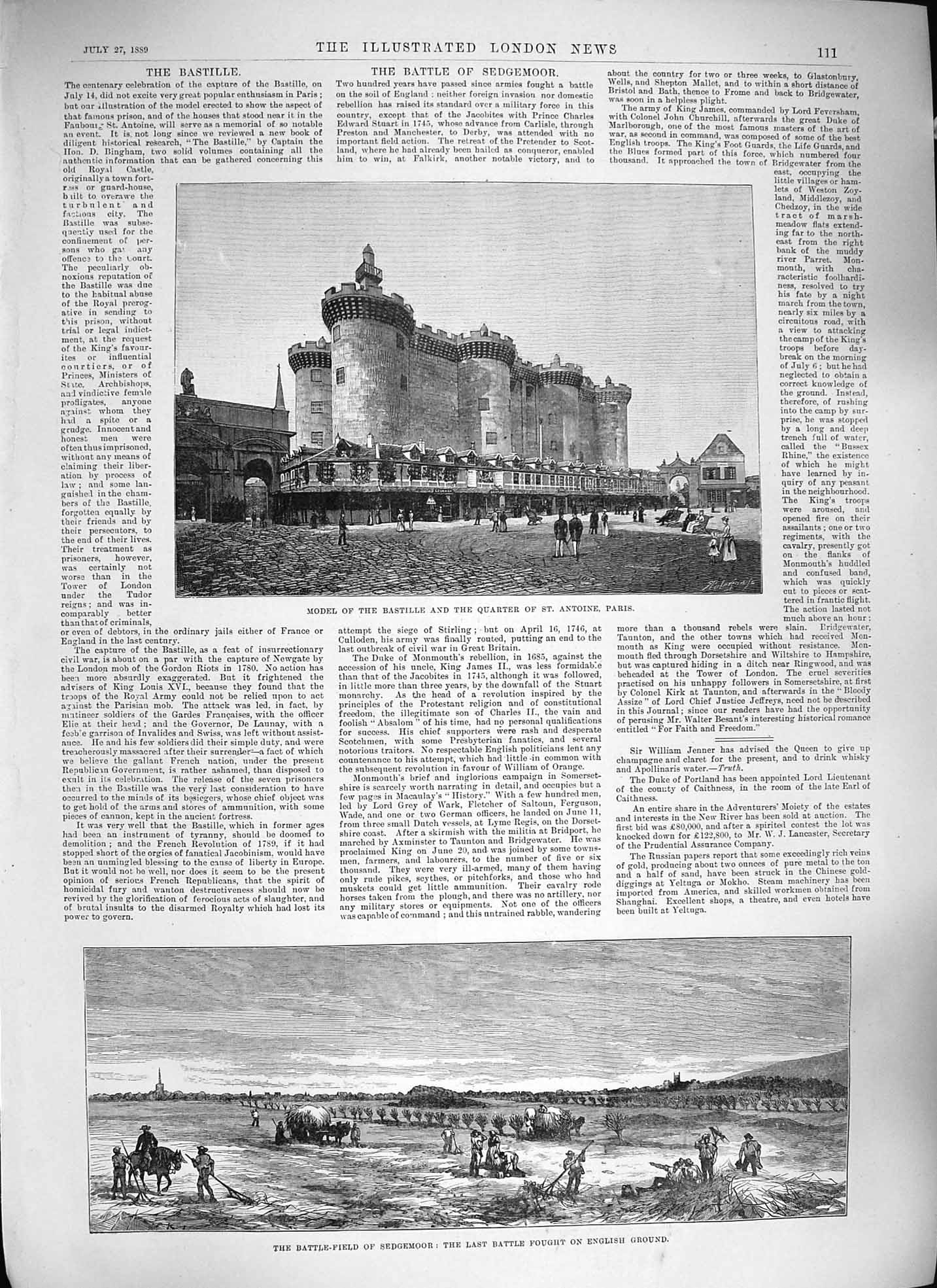 Old Antique Print 1889 Bastille Antoine Paris Battle-Field Sedgemoor War 19th