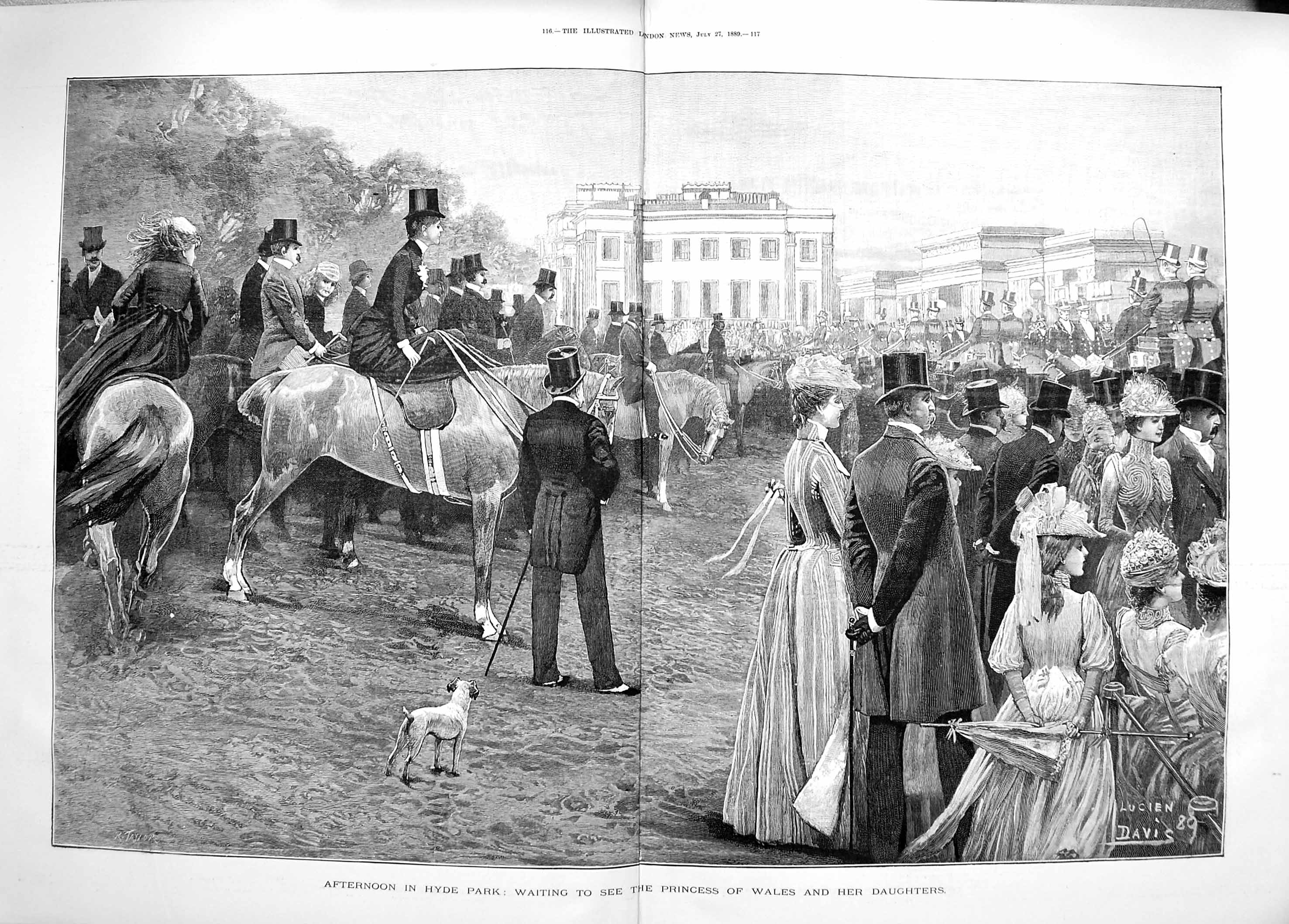 Old Antique Print 1889 Hyde Park Princess Wales Daughters Horses People 19th