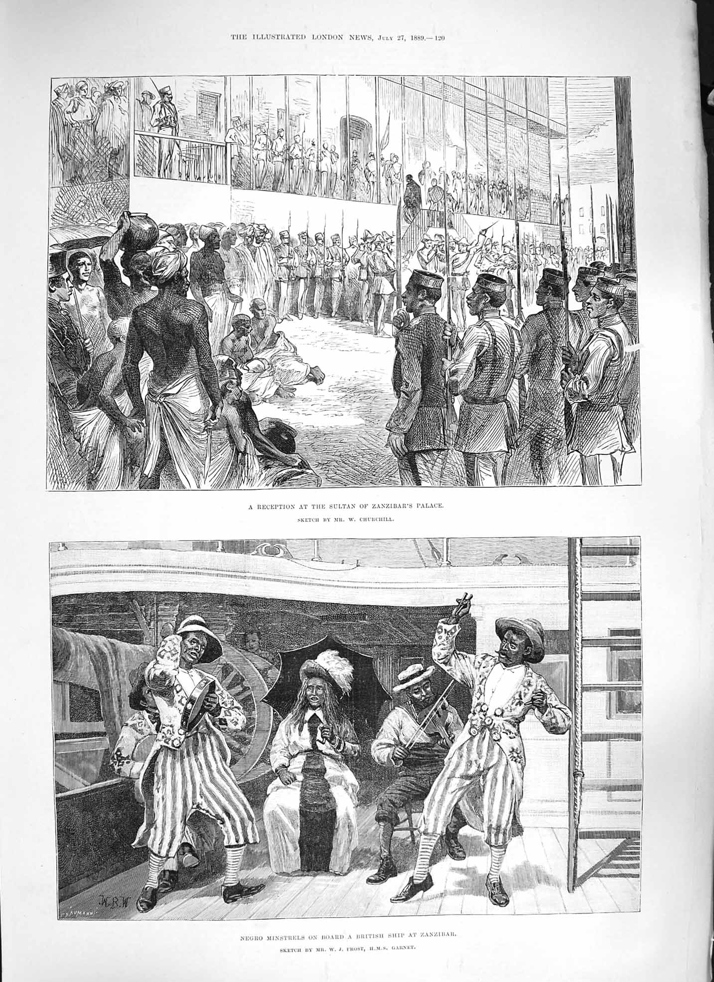 Original Old Antique Print 1889 Negro Minstrels British Ship Zanzibar Sultan