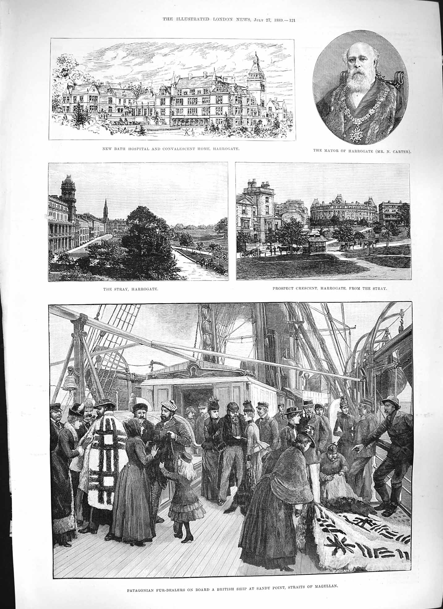 Original Old Antique Print 1889 Patagonian Fur-Dealers Ship Magellan Harrogate
