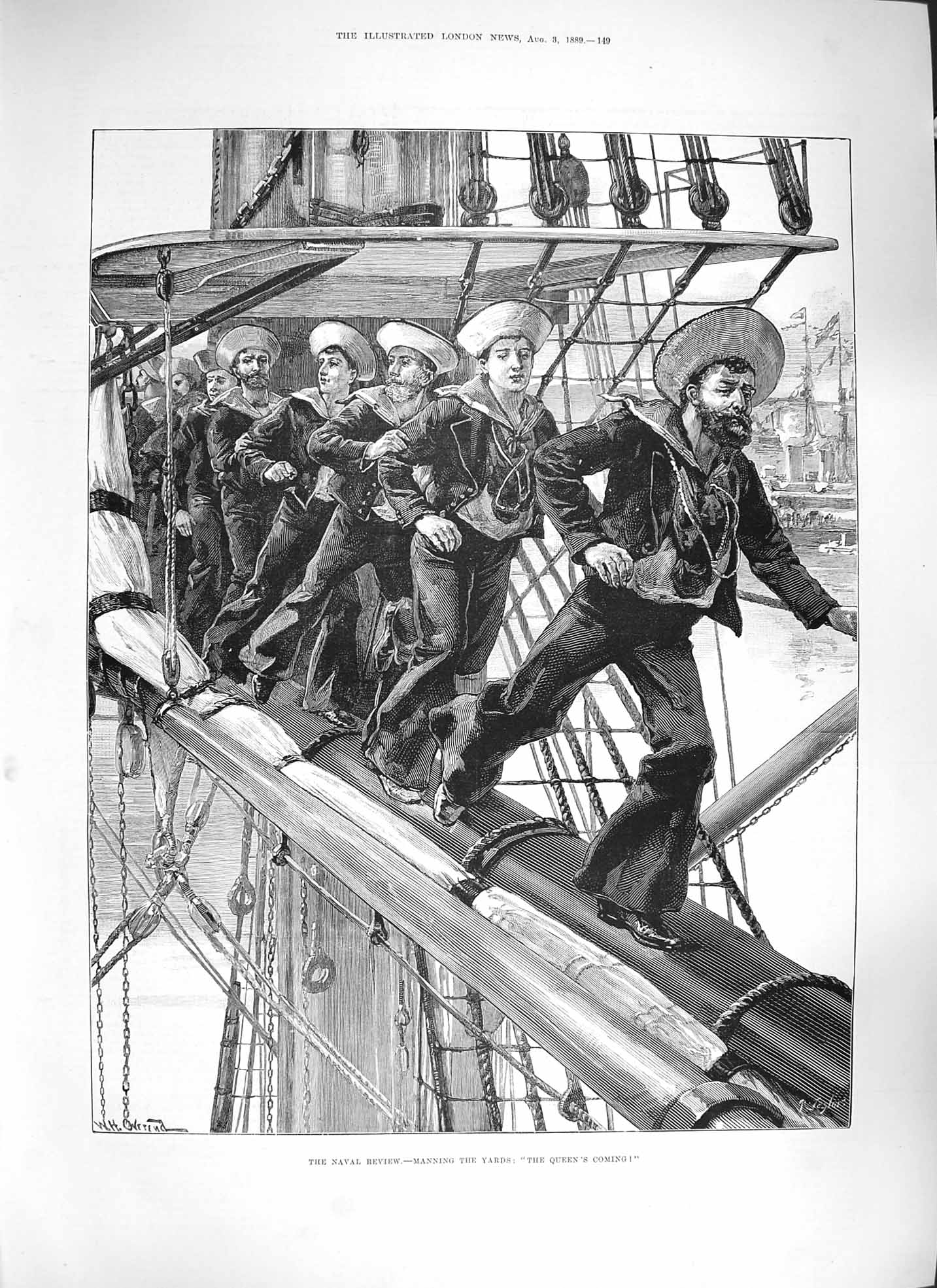 Original Old Antique Print Overend 1889 Naval Review Manning Yards Sailors War
