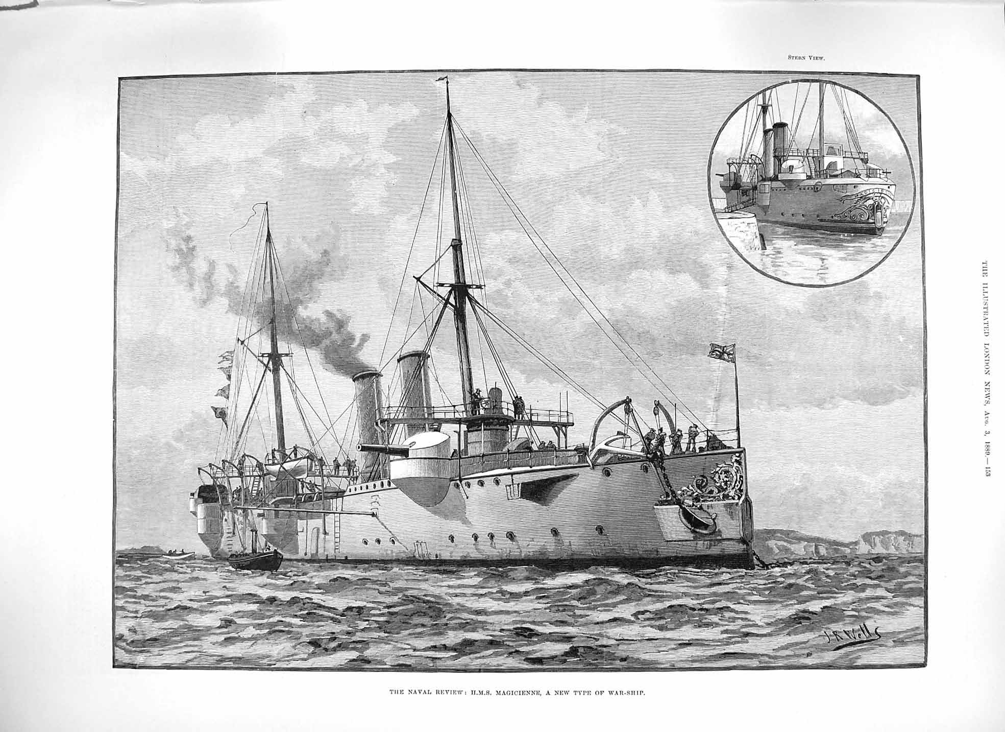 Original Old Antique Print Wells 1889 Navy Review War Ship Magicienne Victorian