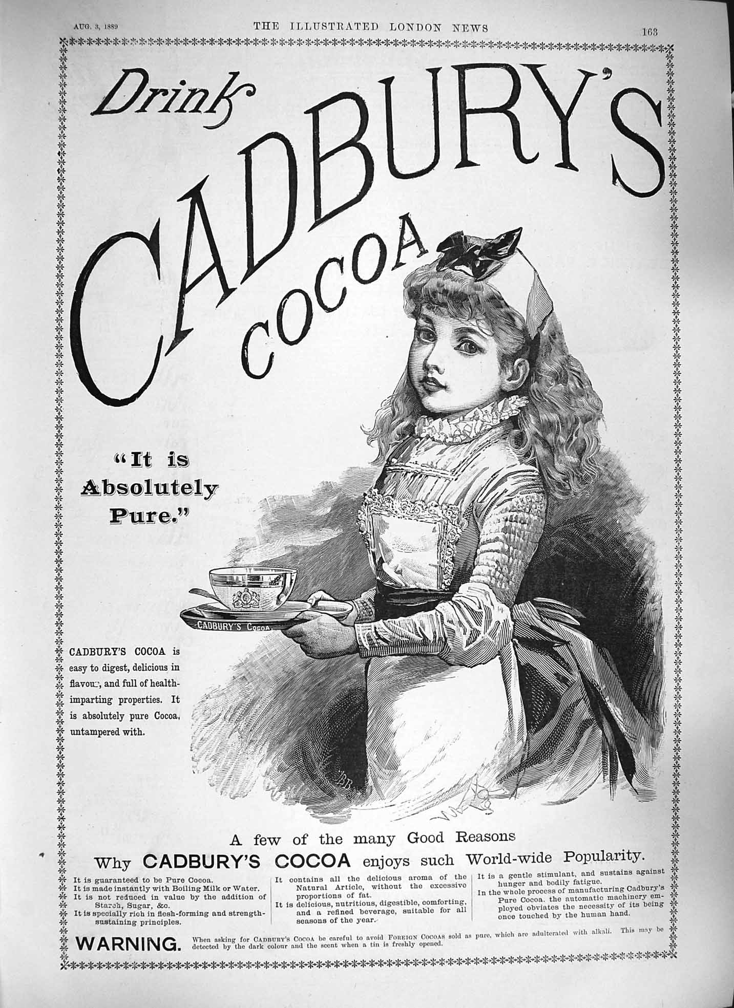 Original Old Antique Print 1889 Advertisement Cadbury'S Cocoa Drink Cup Saucer