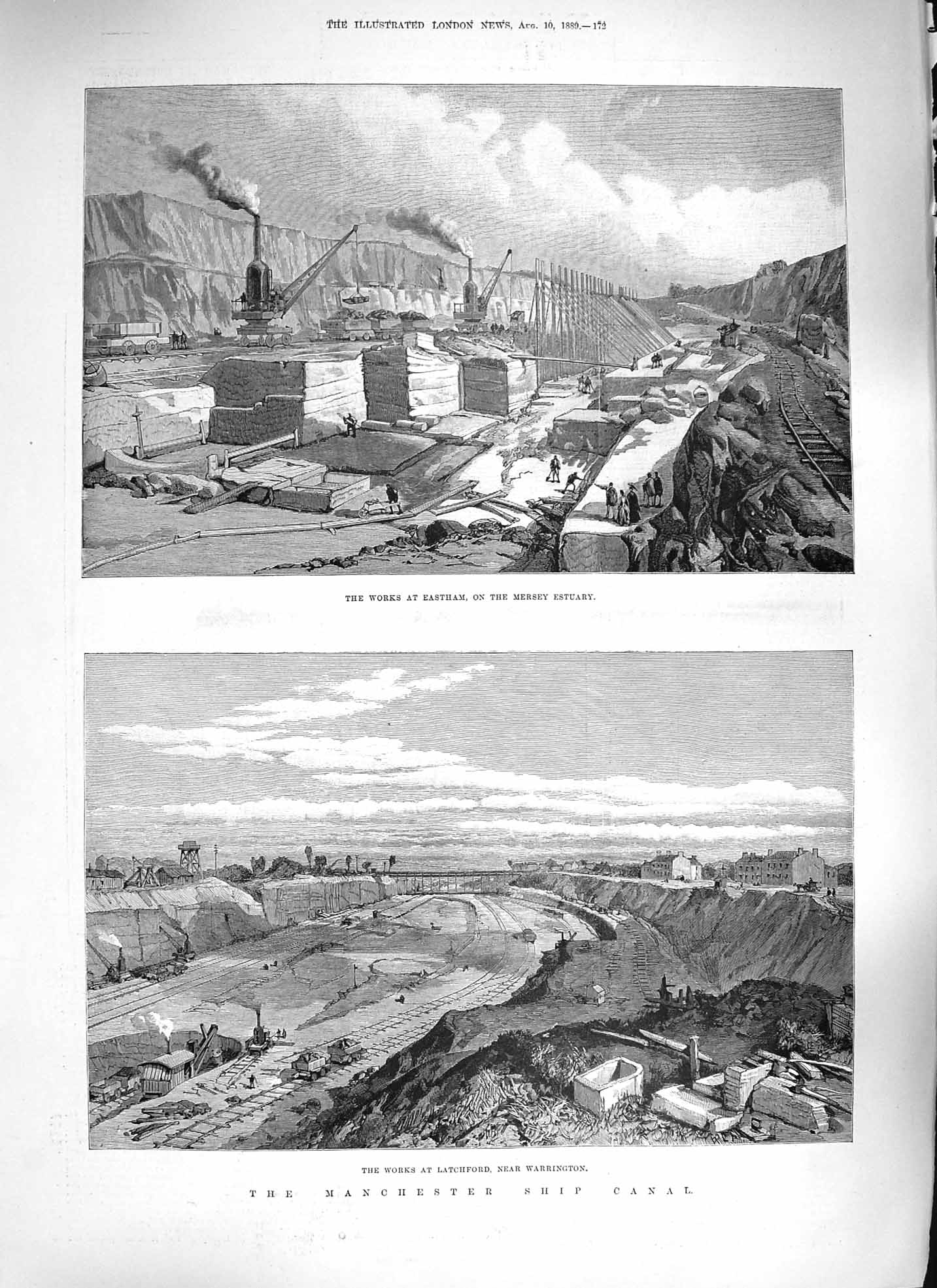 Original Old Antique Print 1889 Manchester Ship Canal Waorks Eastham Latchford