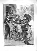 Original Old Antique Print 1889 Scene Tourists Abroad Children Flag Umbrella