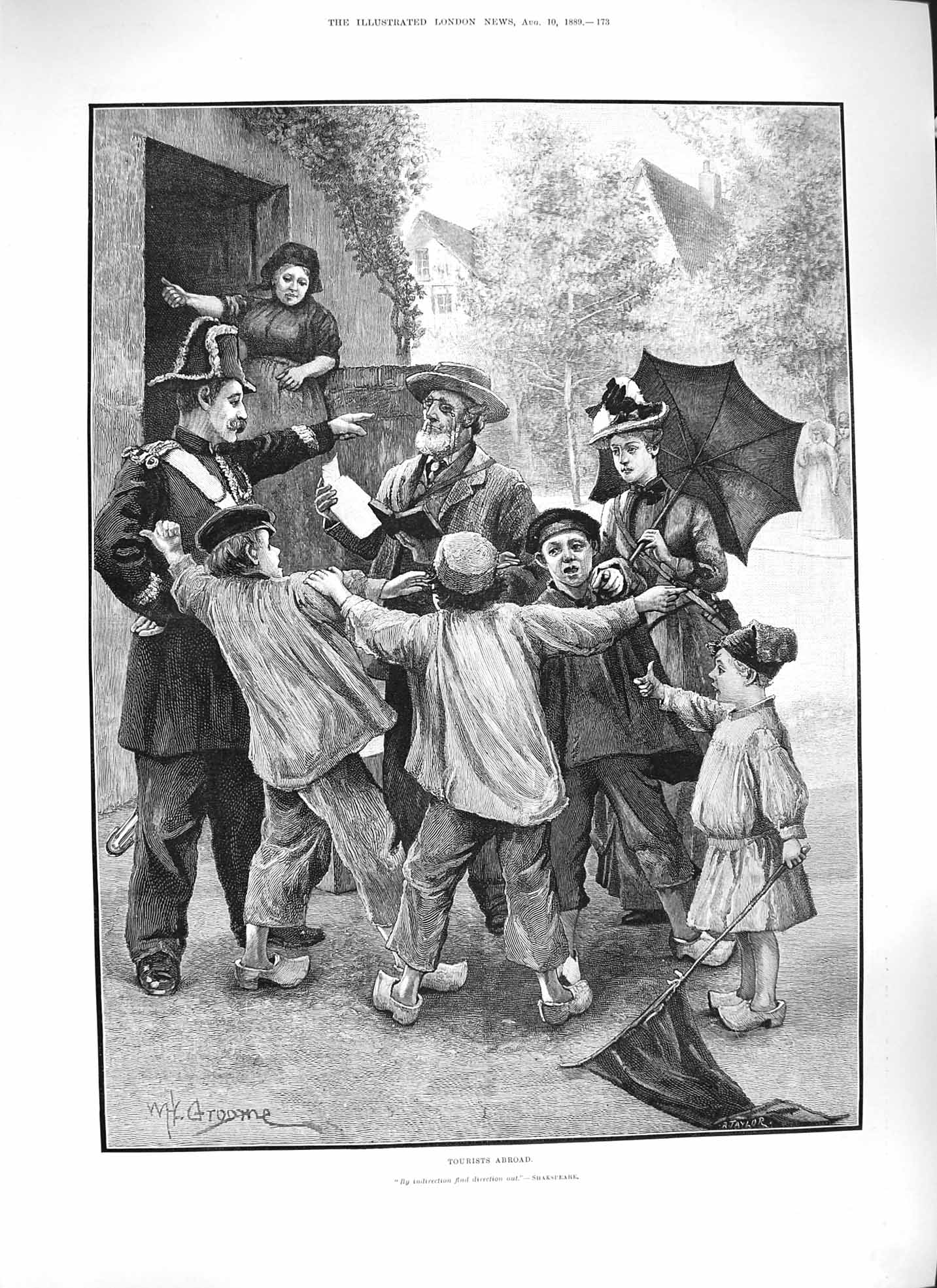 Original Old Antique Print 1889 Scene Tourists Abroad Children Flag Umbrella