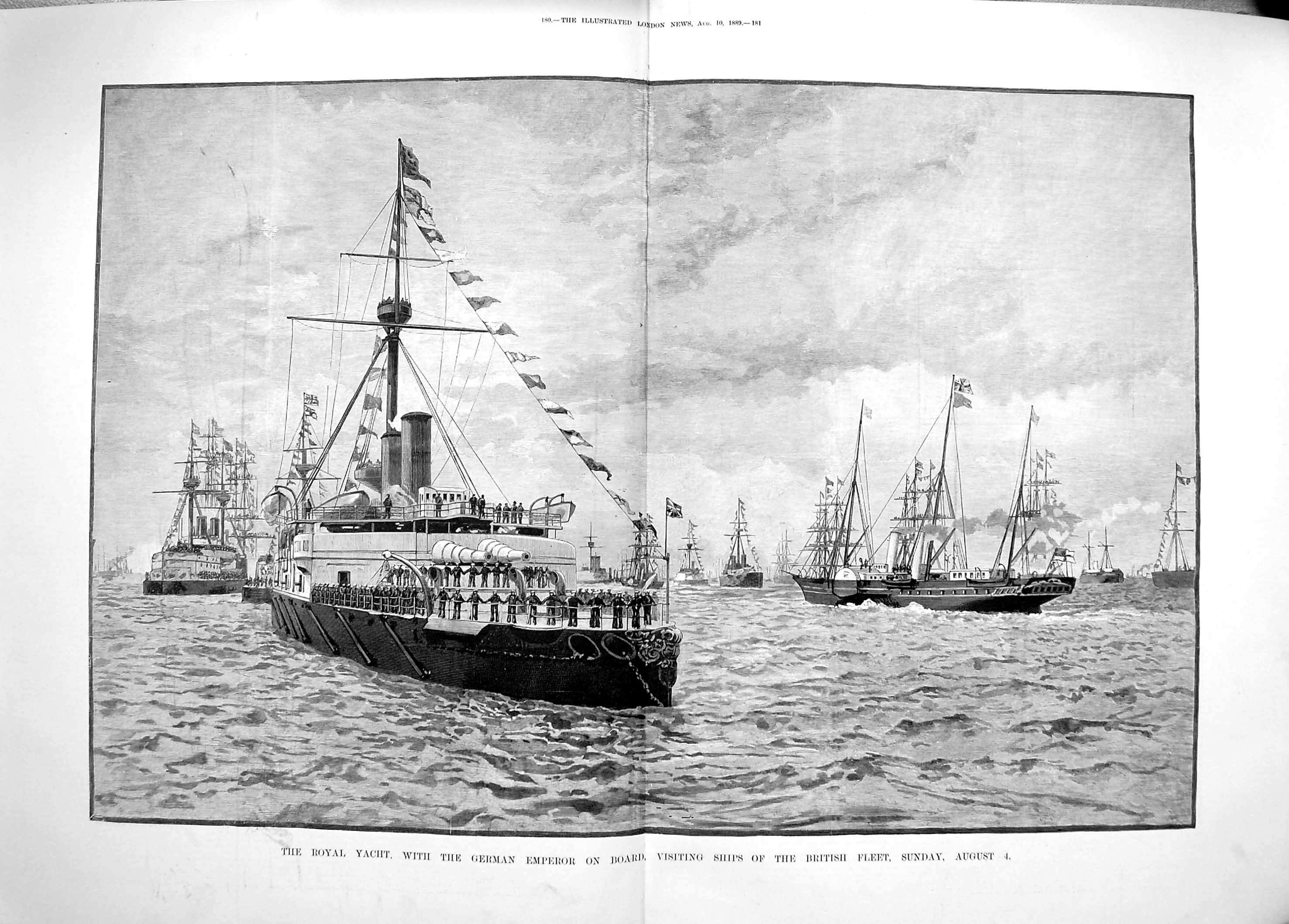 Old Antique Print 1889 Royal Yacht Victoria Albert German Emperor Ships 19th