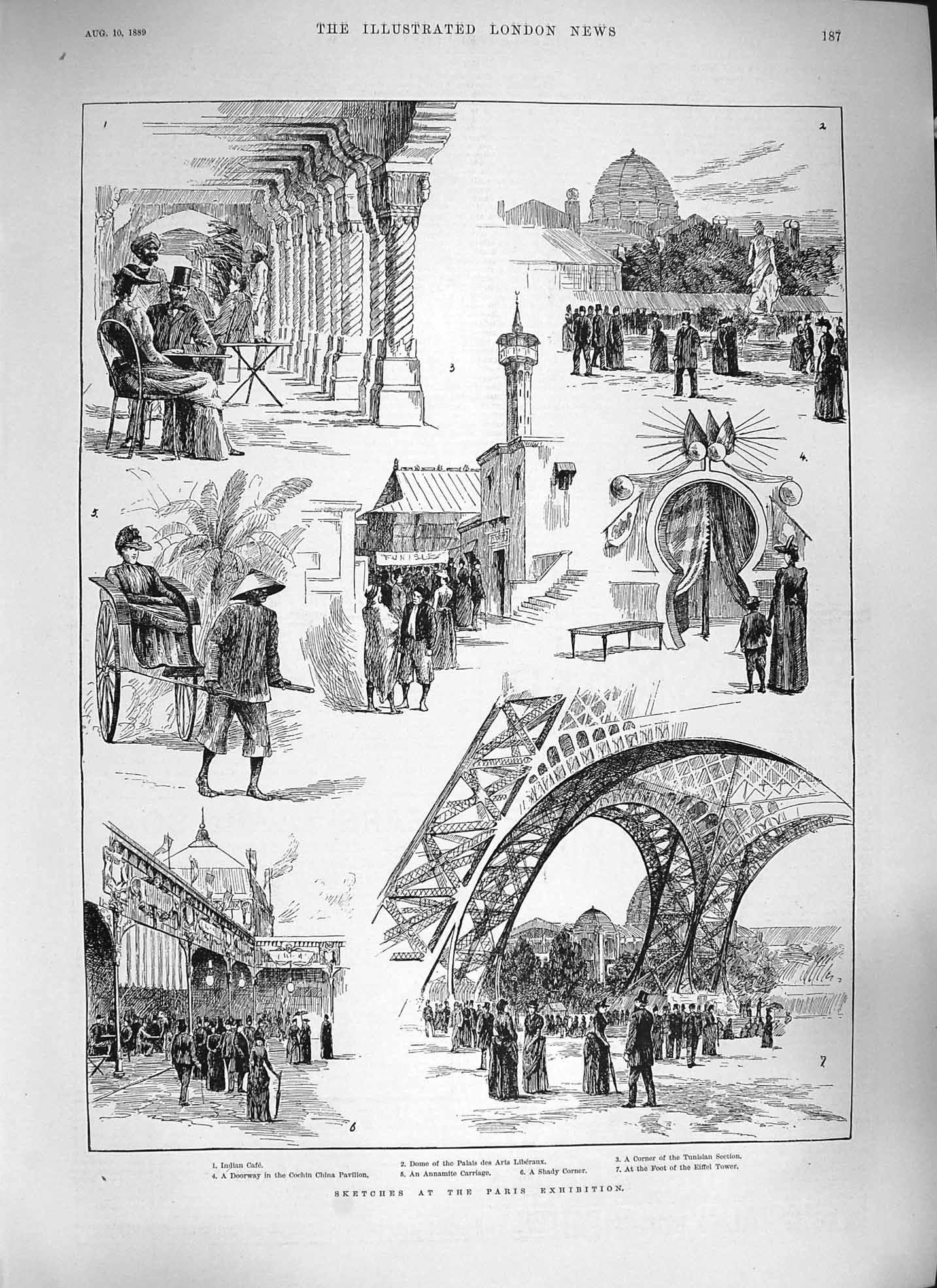 Original Old Antique Print 1889 Paris Exhibition Indian CafÇ China Eiffel Tower