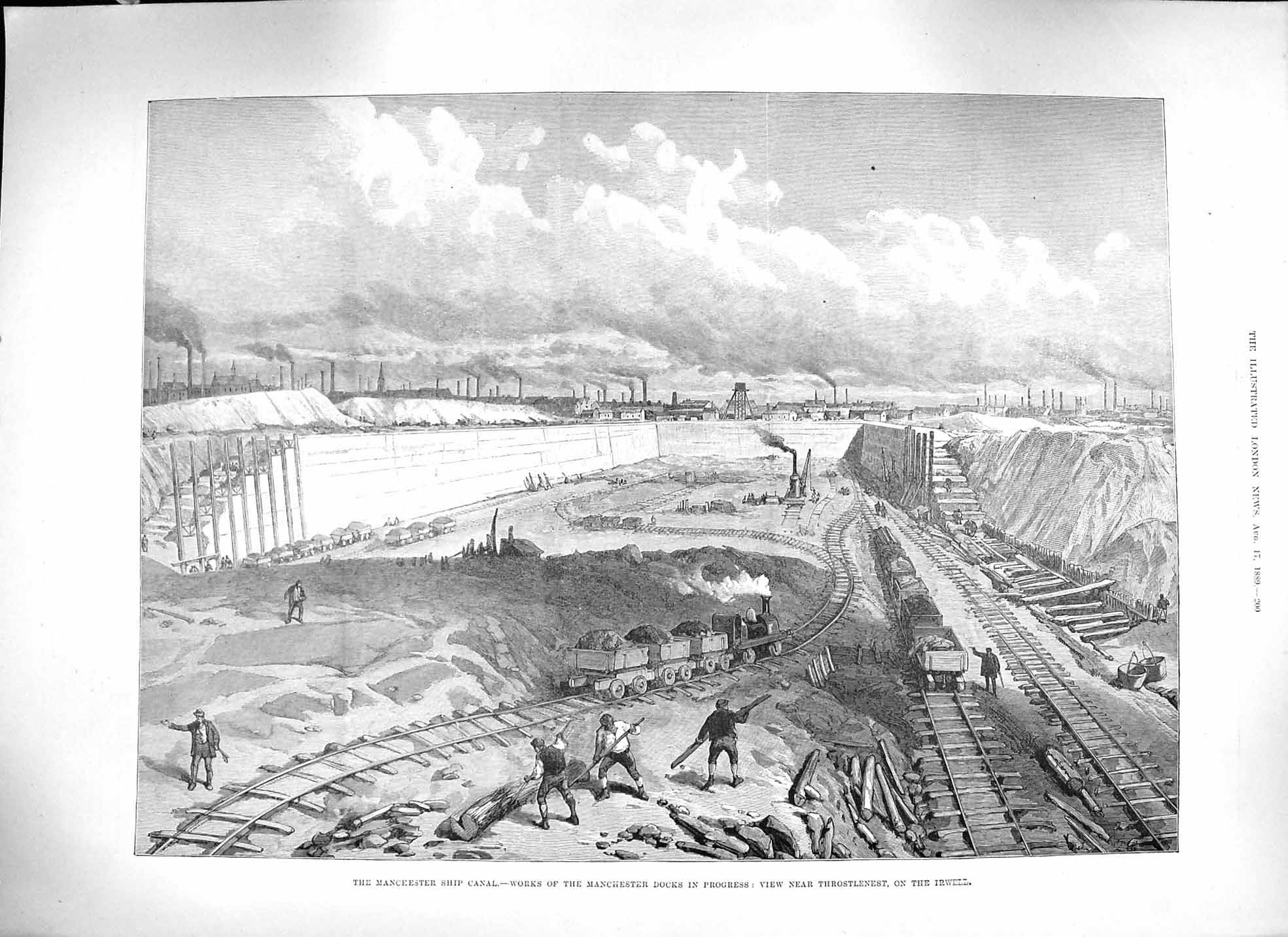 Original Old Antique Print 1889 Manchester Ship Canal Works Docks Throstlenest
