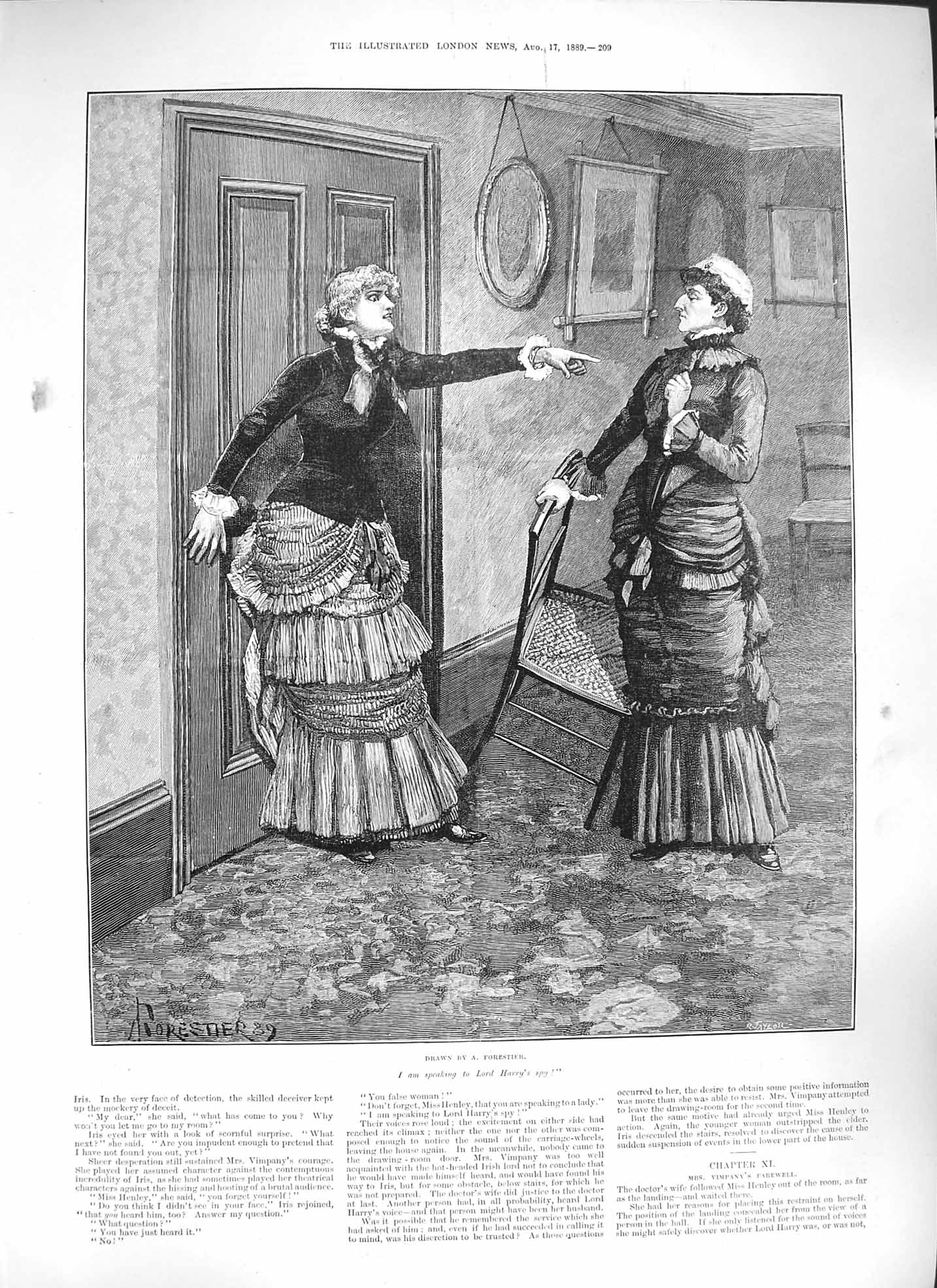 Original Old Antique Print Forestier 1889 Ladies Arguing House Chair Door Scene