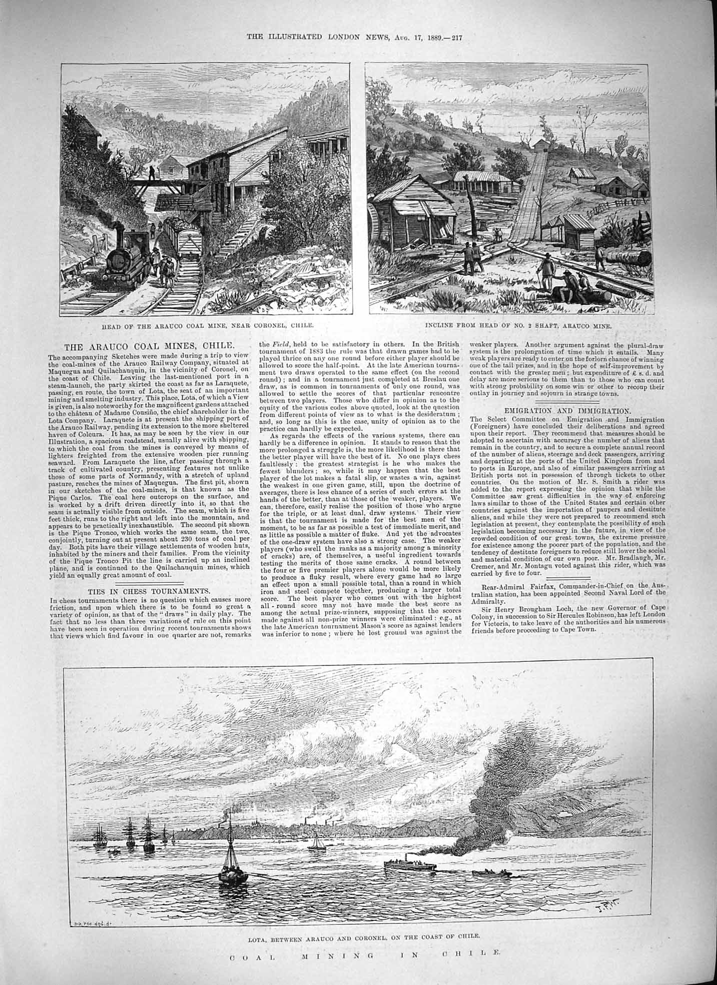 Old Antique Print 1889 Arauco Coal Mines Chile Lota Coronel Ships America 19th
