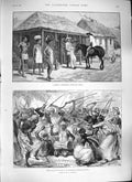 Original Old Antique Print 1889 Store Swaziland Africa War Dance Sultan Z 19th
