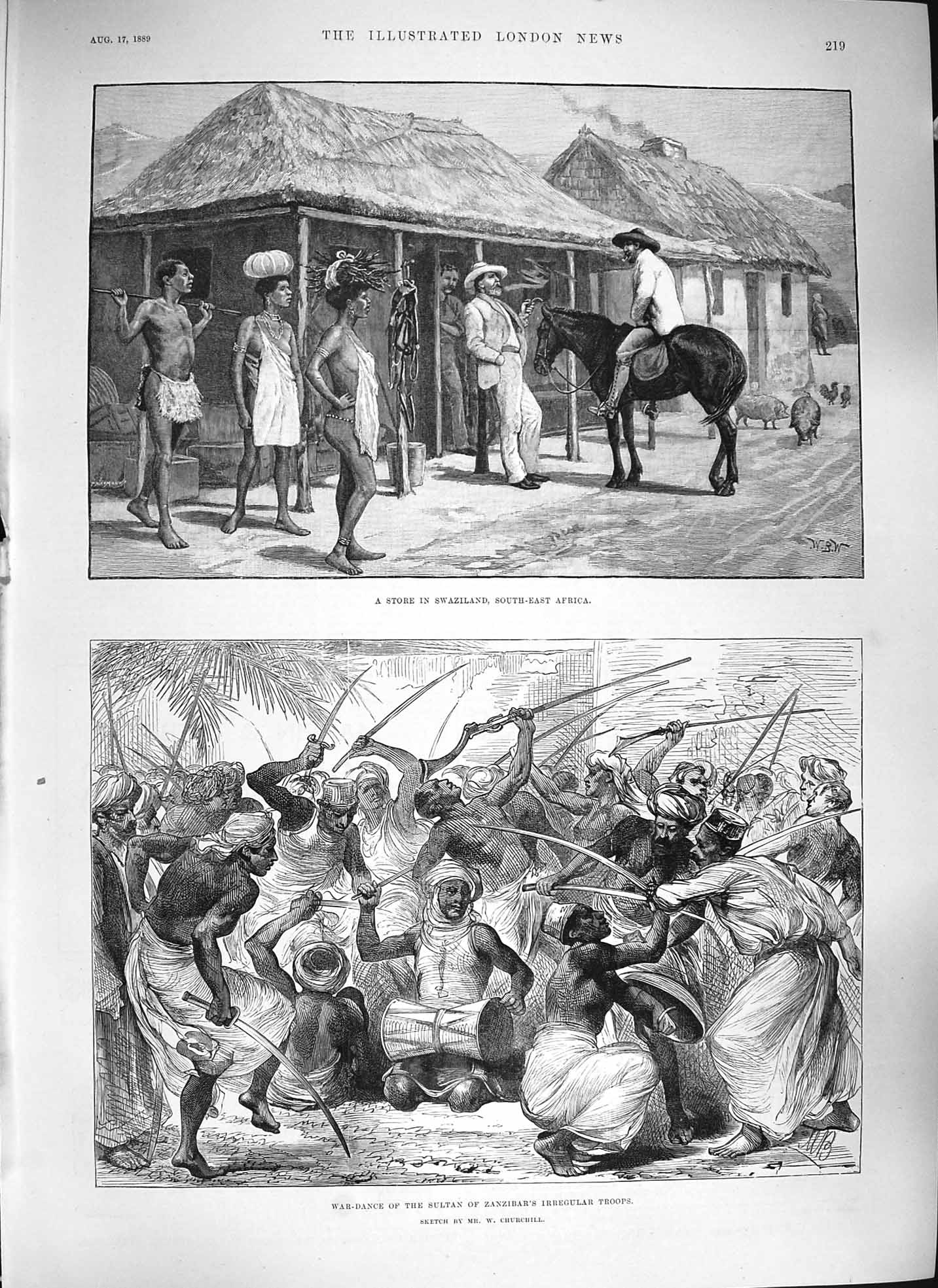 Original Old Antique Print 1889 Store Swaziland Africa War Dance Sultan Z 19th