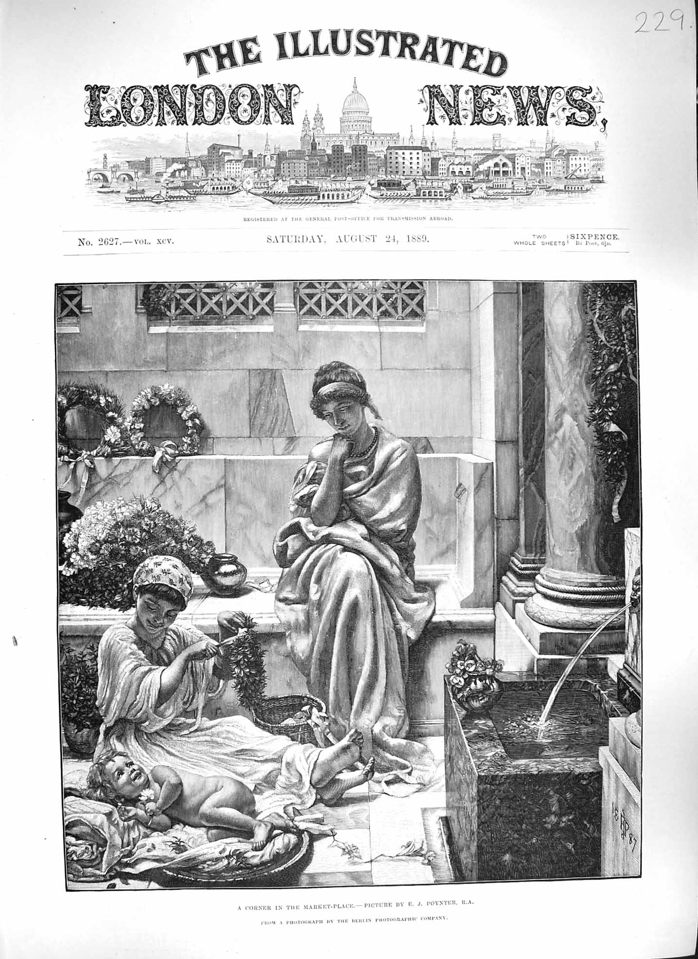 Original Old Antique Print Poynter 1889 Corner Market Place Ladies Baby 19th