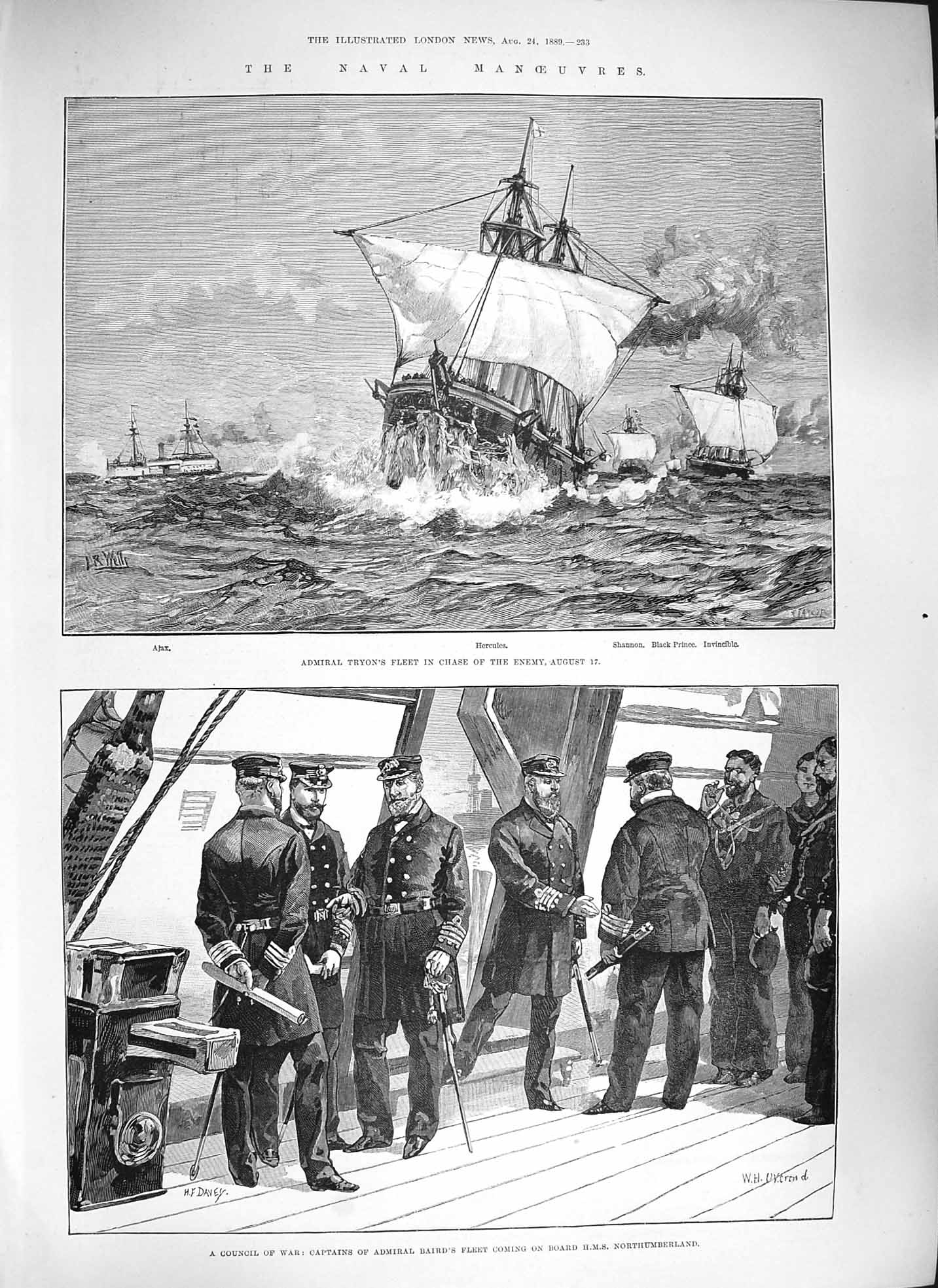 Original Old Antique Print 1889 Admiral Tryon Ship Hercules Shannon Baird Ajax