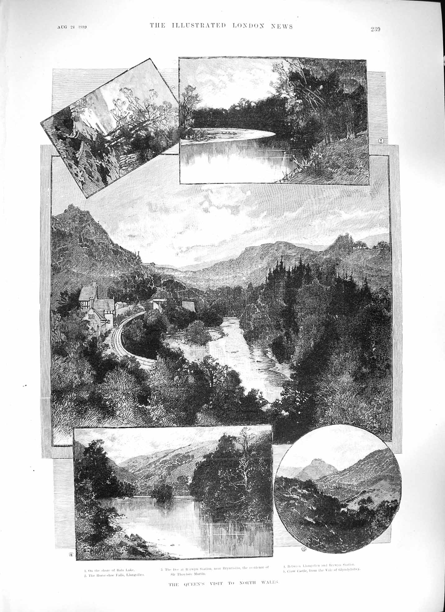 Original Old Antique Print 1889 Queen Wales Horse-Shoe Falls Llangollen Crow