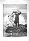 Original Old Antique Print Rossi 1889 Little Girls Caught High Tide Beach Rocks