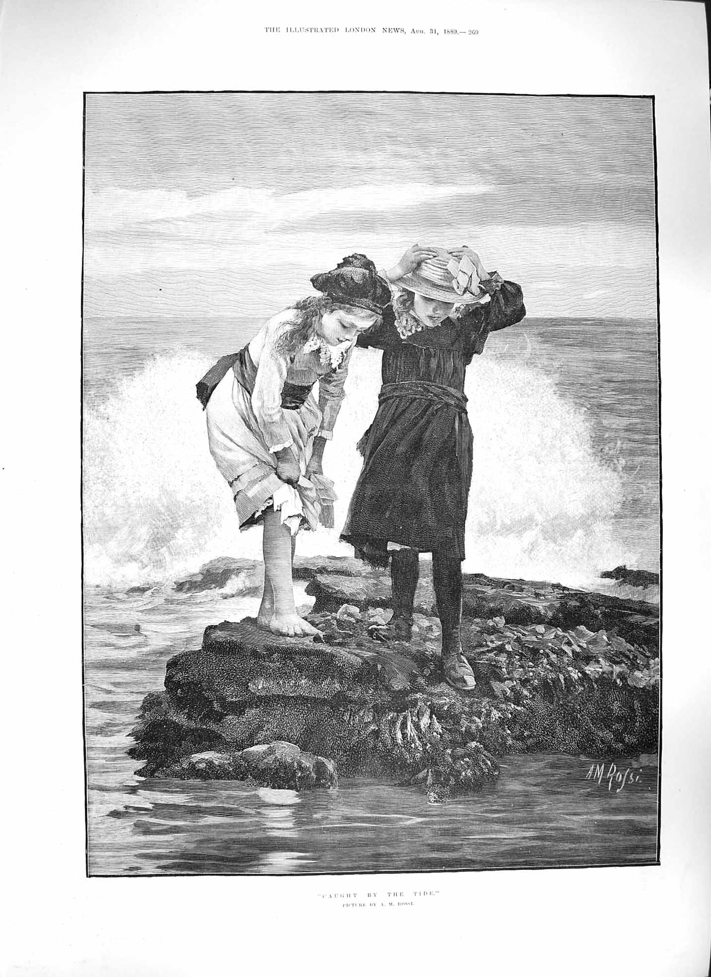 Original Old Antique Print Rossi 1889 Little Girls Caught High Tide Beach Rocks