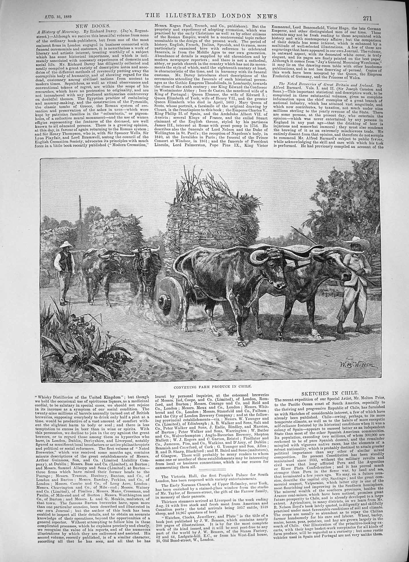 Original Old Antique Print 1889 Conveying Farm Produce Chile South America 19th