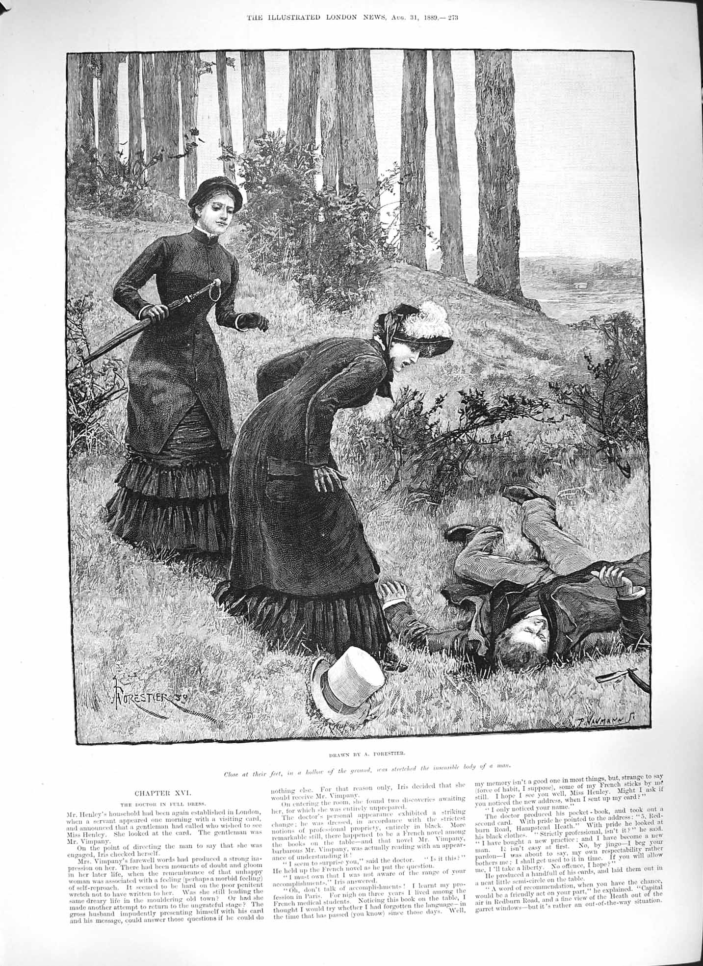 Original Old Antique Print Forestier Fine Art 1889 Women Countryside Dead Man