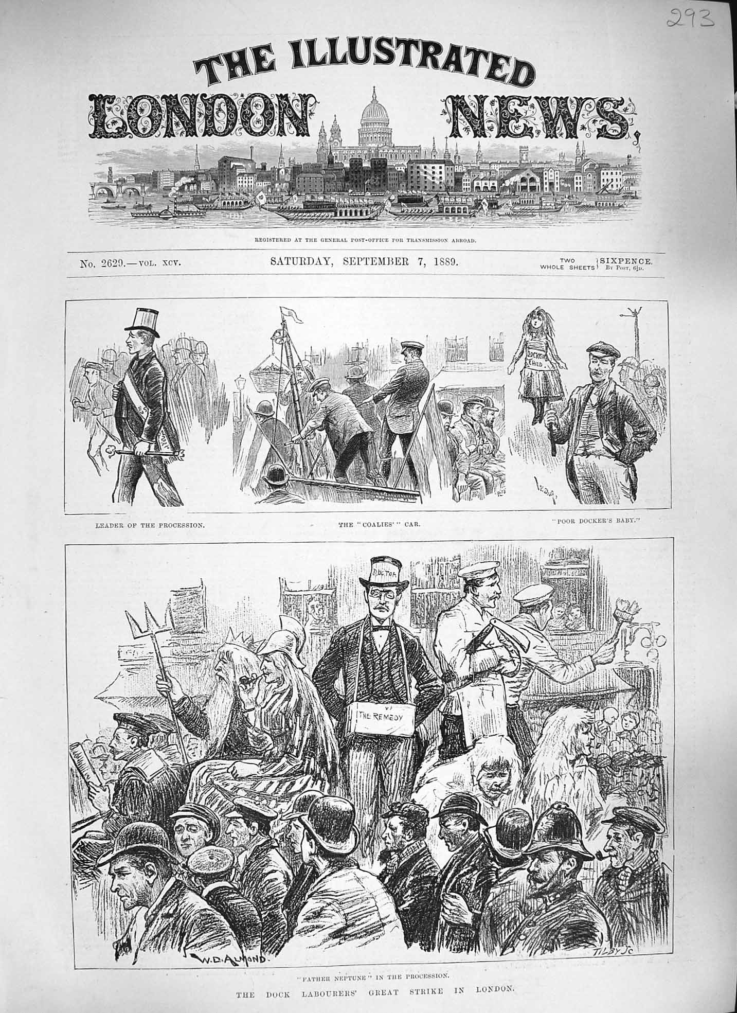 Original Old Antique Print 1889 Dock Labourers Strike London Father Victorian
