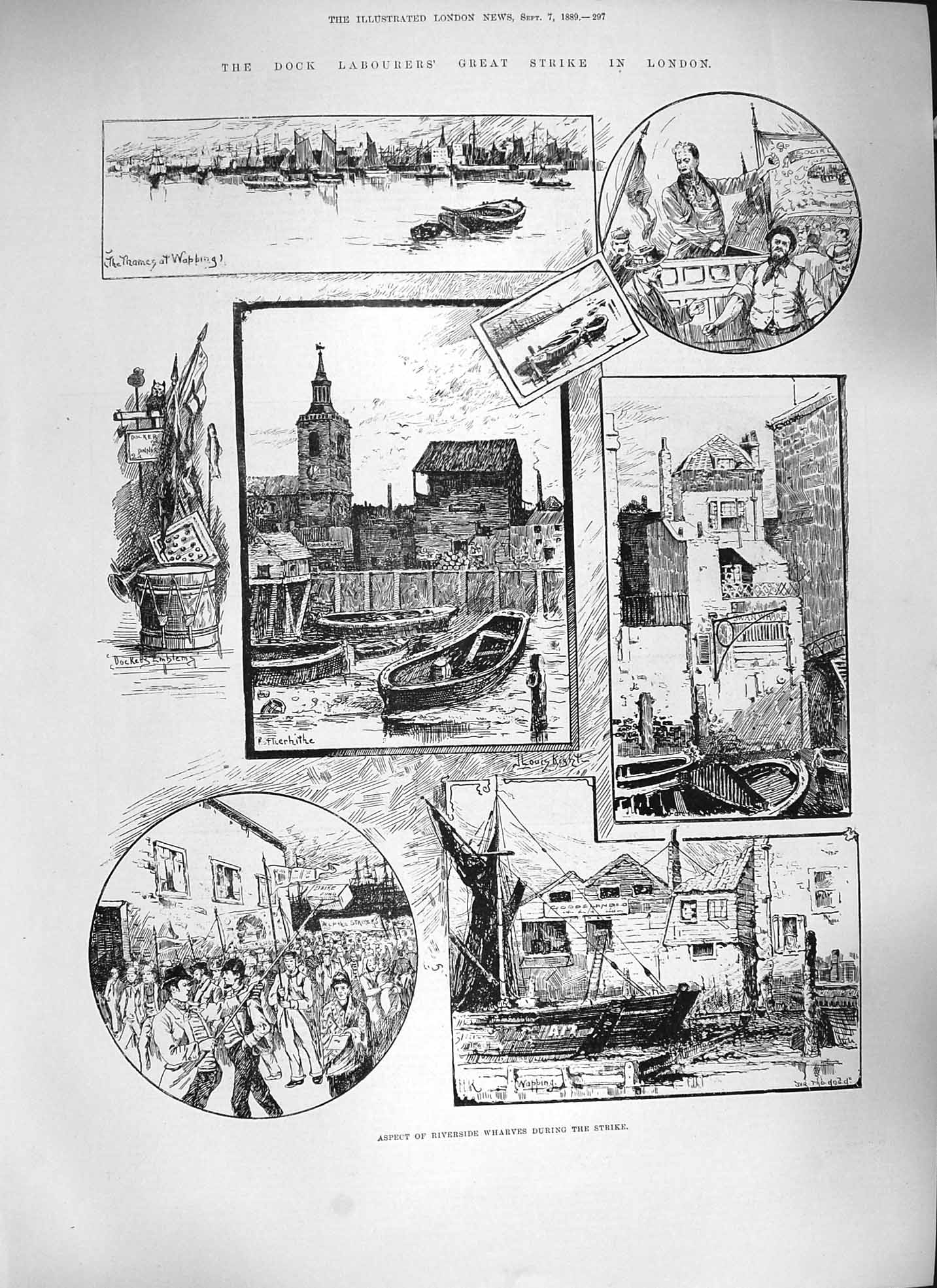 Original Old Antique Print 1889 Dock Labourers Strike London River Thames 19th