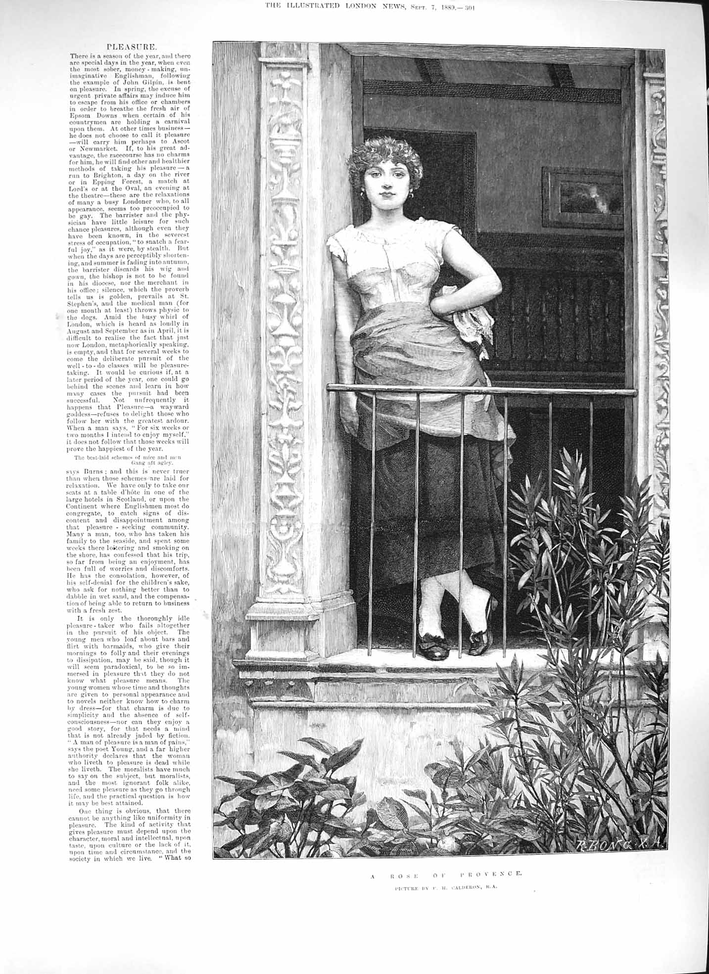 Original Old Antique Print Calderon 1889 Rose Provence Beautiful Girl France