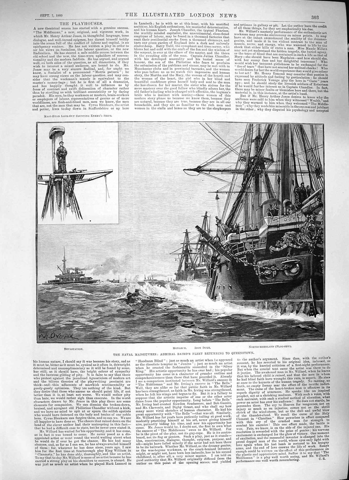 Old Antique Print 1889 Navy War Ships Devastation Monarch Northumberland 19th