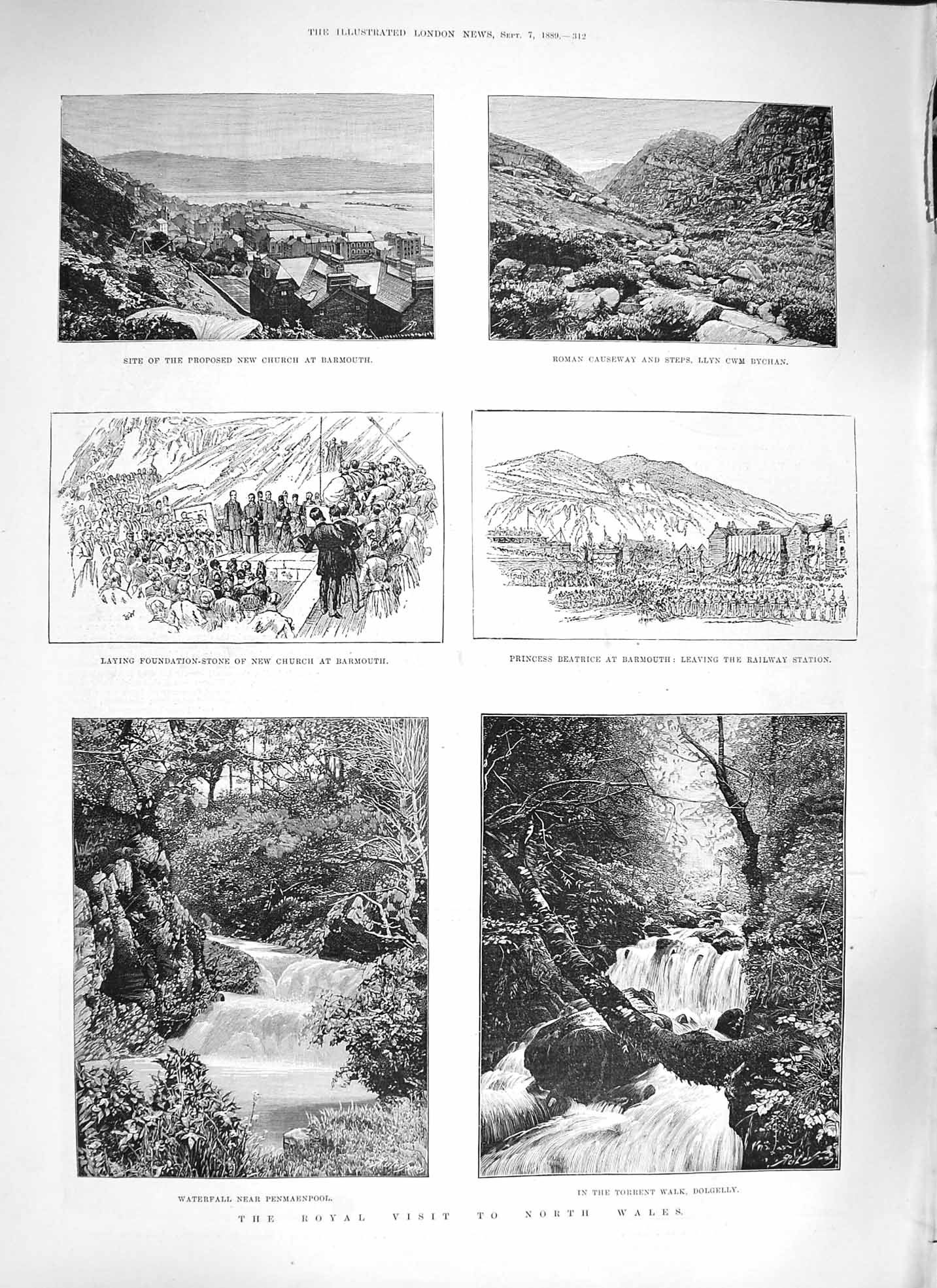 Original Old Antique Print 1889 Wales Penmaenpool Dolgelly Church Llyn Wrexham
