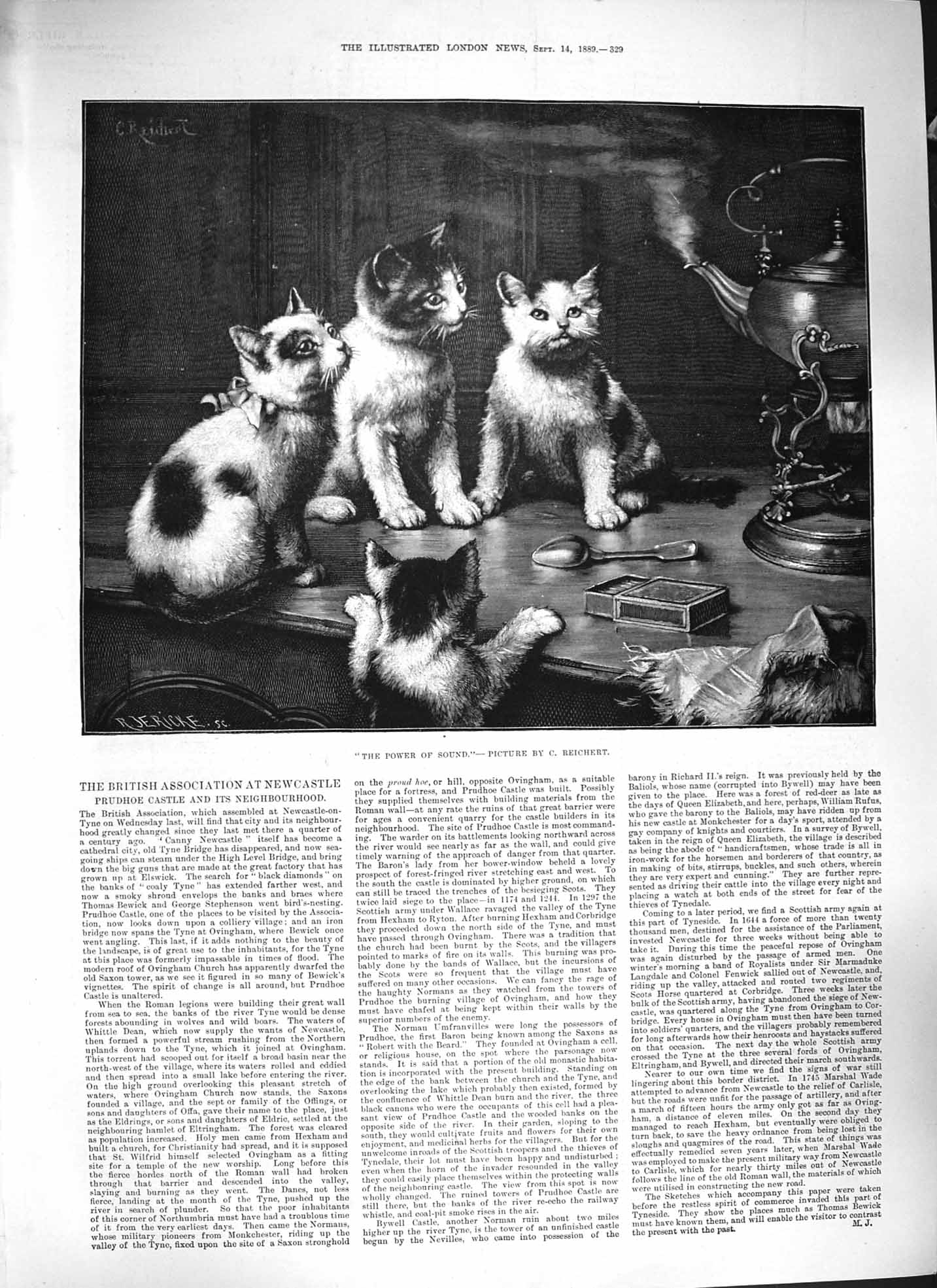 Original Old Antique Print Reichert 1889 Power Sound Cats Smoking Tea Pot 19th