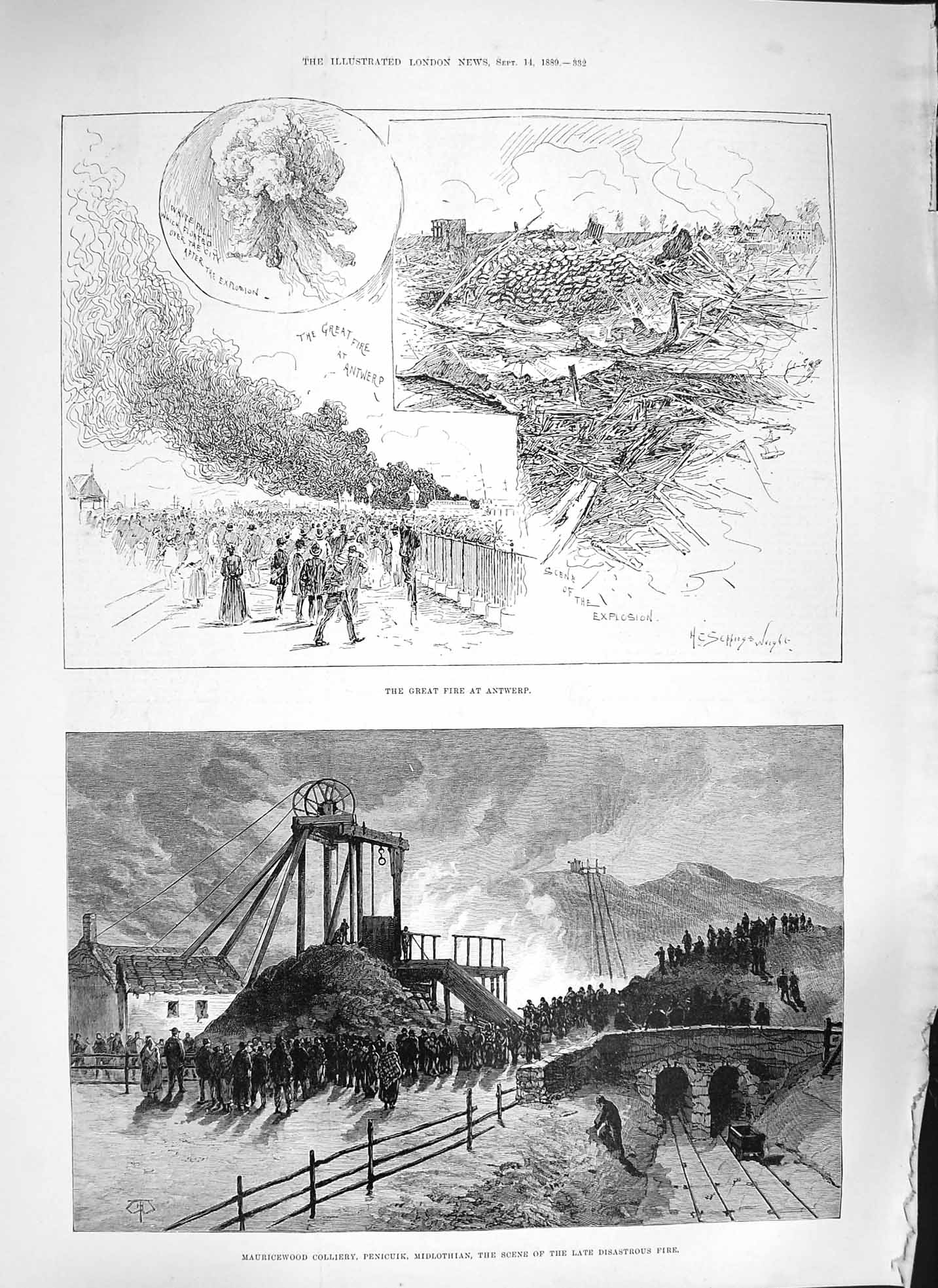 Old Antique Print 1889 Fire Antwerp Mauricewood Colliery Penicuik Mining 19th