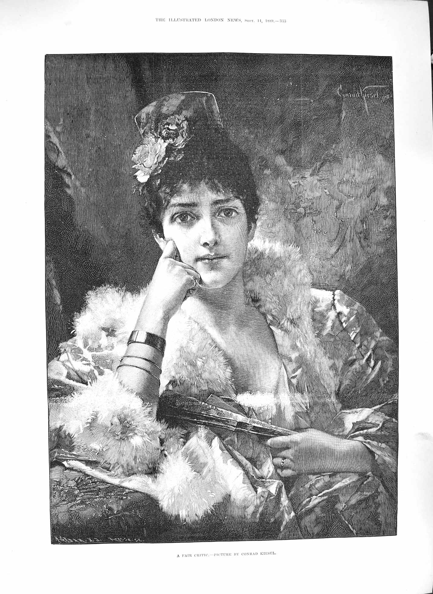 Old Antique Print Conrad Kiesel 1889 Fair Critic Beautiful Lady Portrait 19th