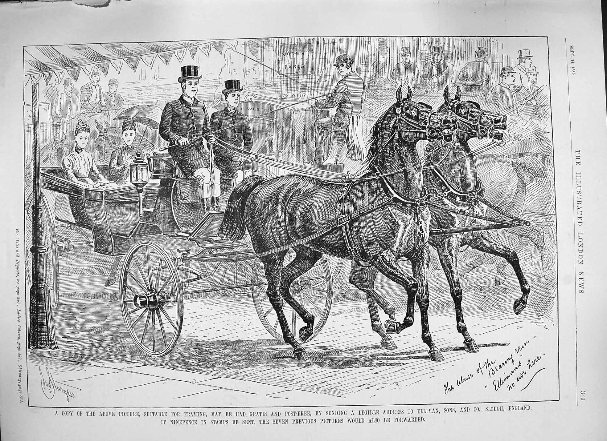Antique Old Print *3843 1889 Advertisement Ellimans Embrocation Horses Coach