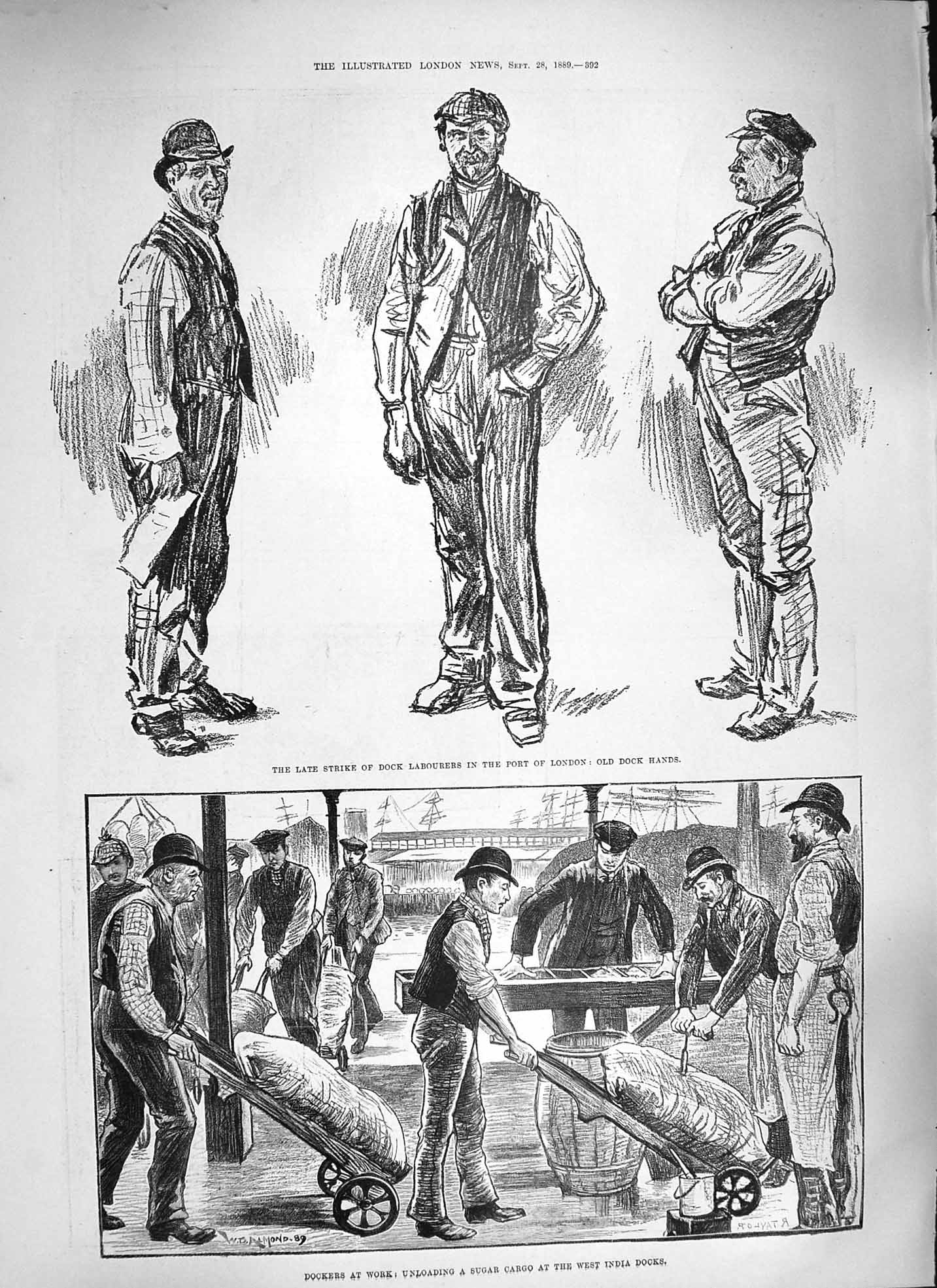 Original Old Antique Print 1889 Strike Dock Labourers London Paris El Victorian