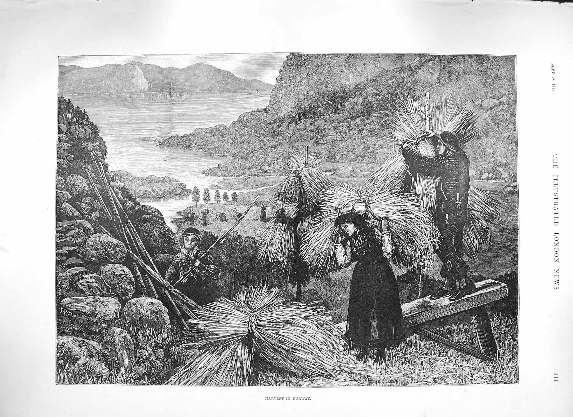 Old Antique Print 1889 Scene Harvest Norway Farming Agriculture Fine Art 19th