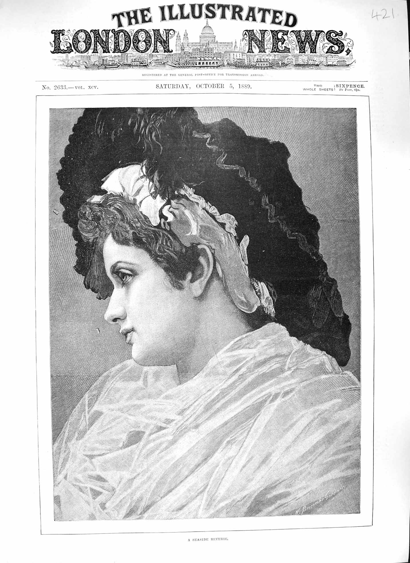 Original Old Antique Print 1889 Portrait Seaside Reverie Beautiful Woman 19th