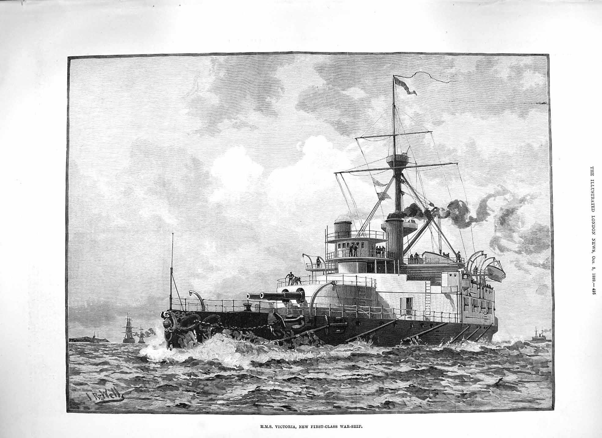 Original Old Antique Print 1889 First-Class War Ship H.M.S Victoria Victorian