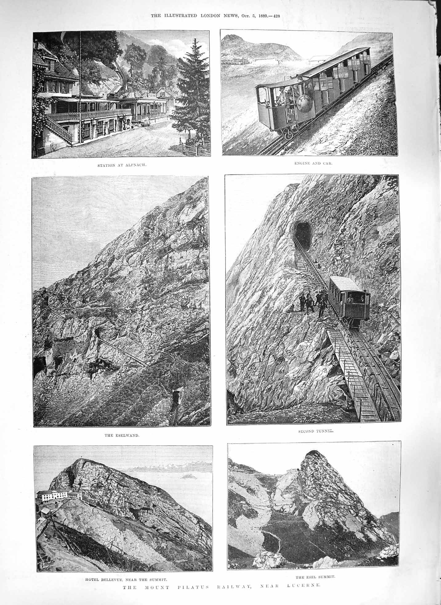Original Old Antique Print 1889 Mount Pilatus Railway Lucerne Alpnach Eselwand