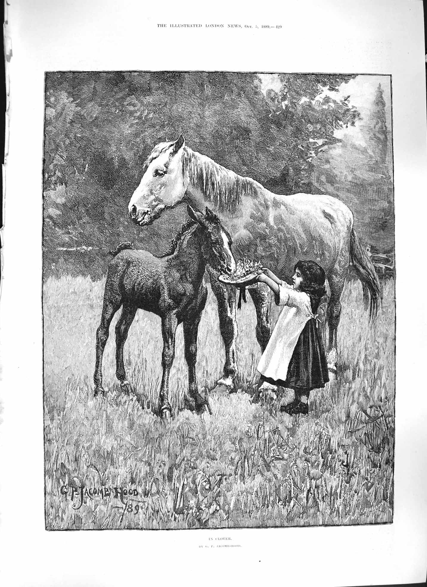 Original Old Antique Print Jacomb-Hood 1889 Clover Little Girl Feeding Horses