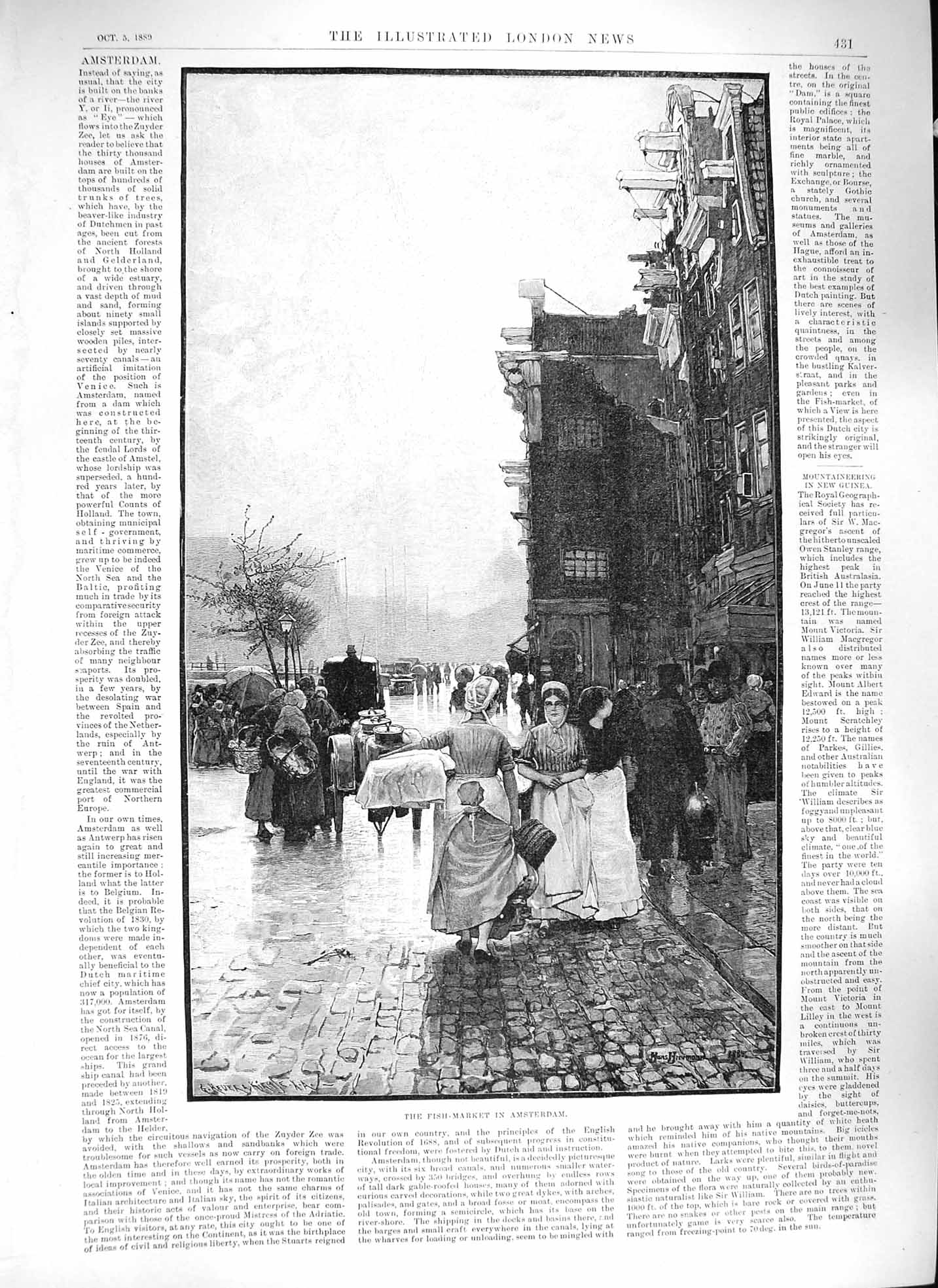 Original Old Antique Print 1889 Street Scene Fish Market Amsterdam Holland 19th