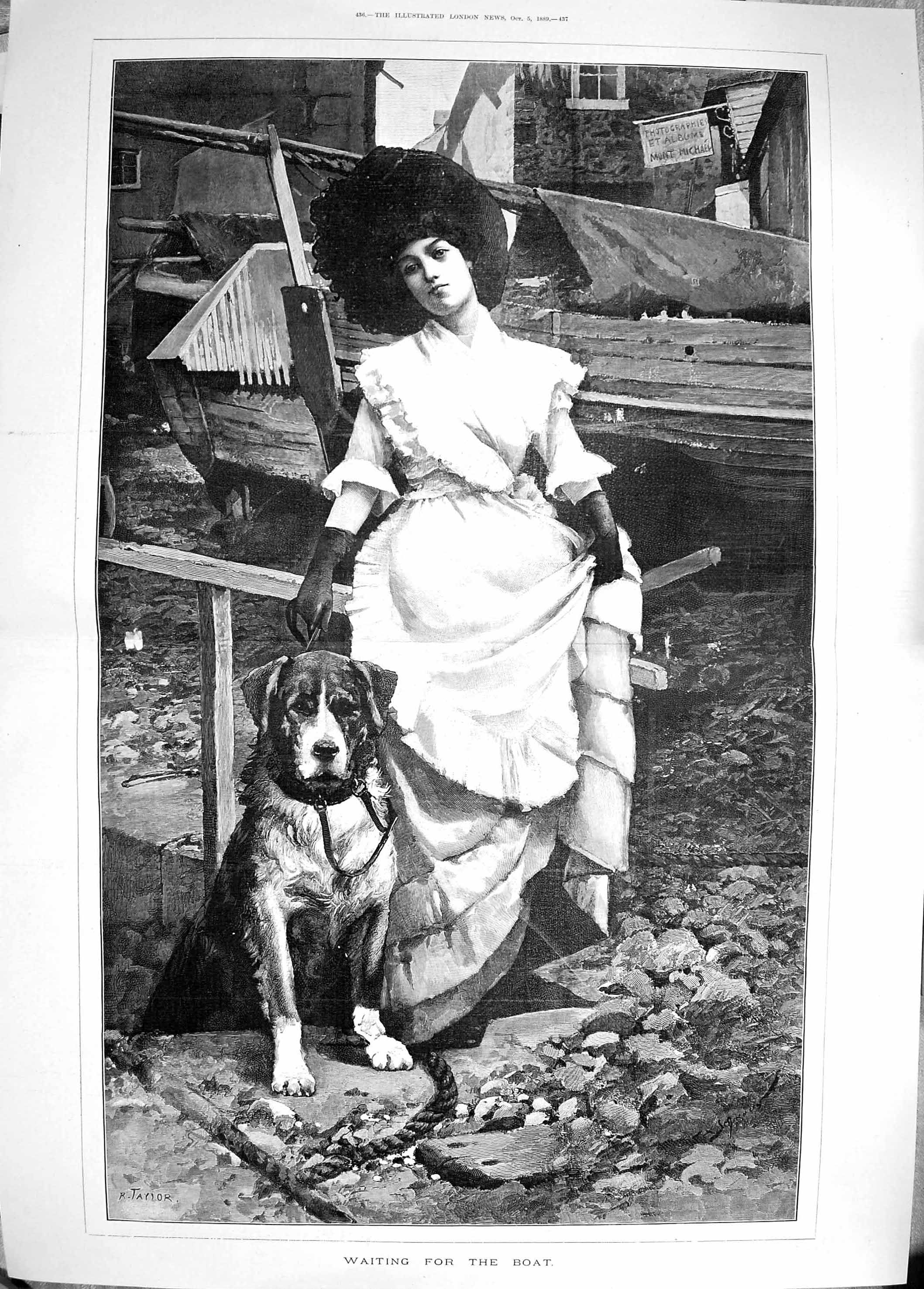 Old Antique Print 1889 Young Woman Pet Dog Waiting Boat Taylor Fine Art 19th